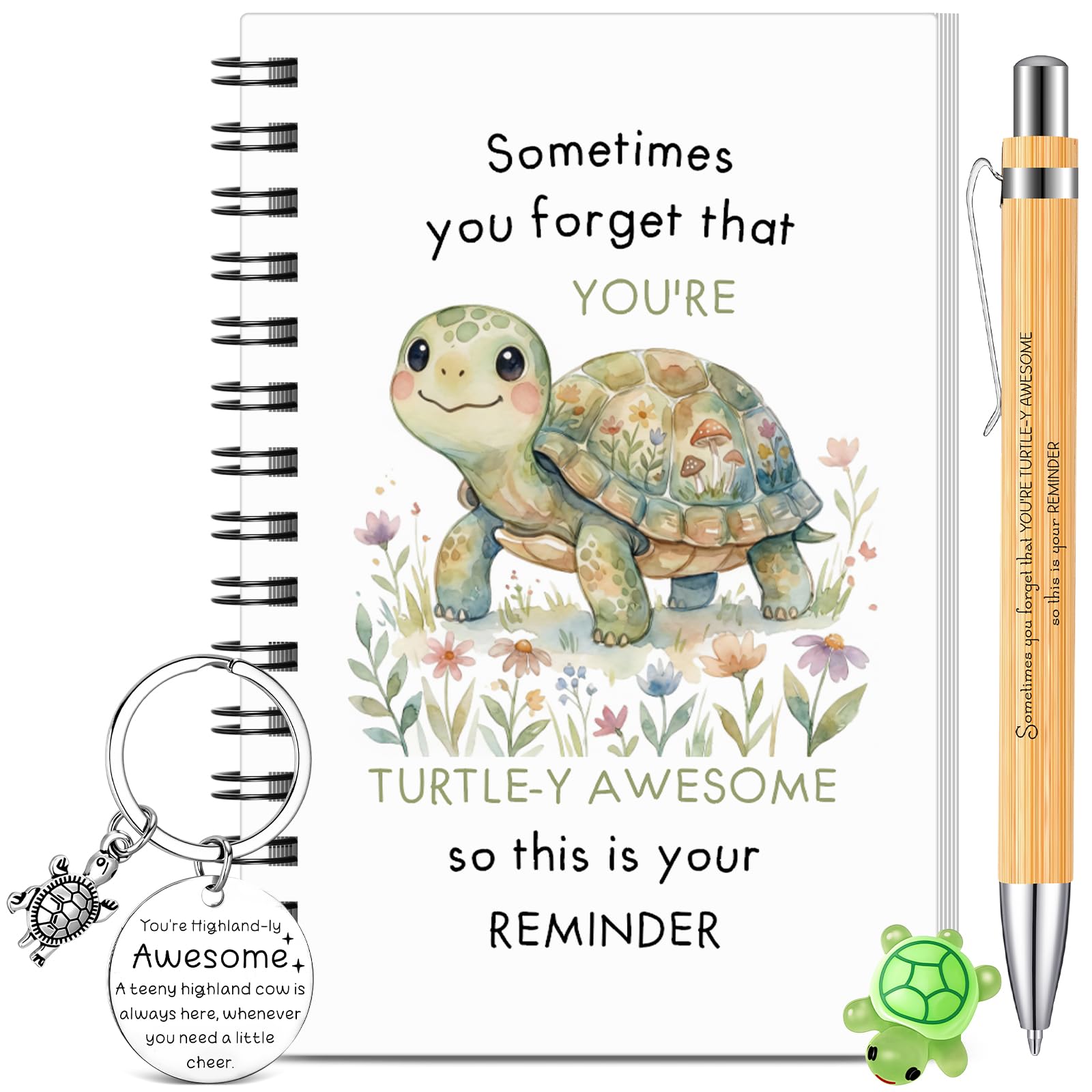 BBTO 4 Pcs Positive Turtle Gifts Set Appreciation Gifts Include Inspirational Notebook Ballpoint Pen Motivational Keychain for Women Men Friends Birthday Gift Party Decoration
