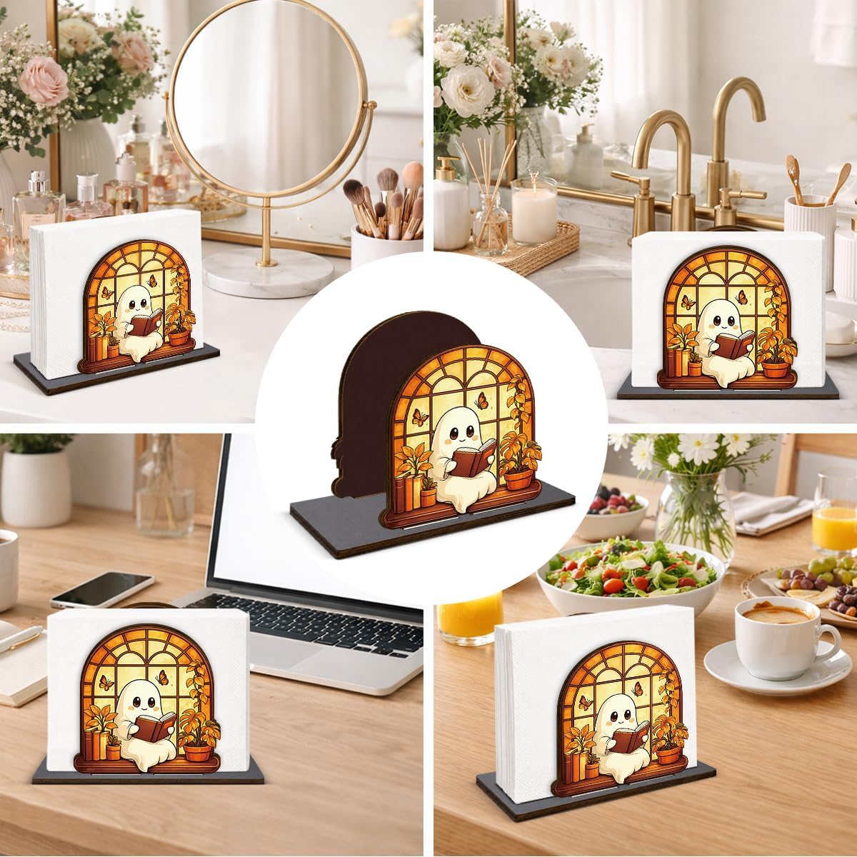 Fall Halloween Decor Ghost Wooden Napkin Holder for Table Autumn Ghost Reading Wood Napkin Dispenser Halloween Fall Decorations for Home Kitchen Dining Room Napkins Tissue Holder