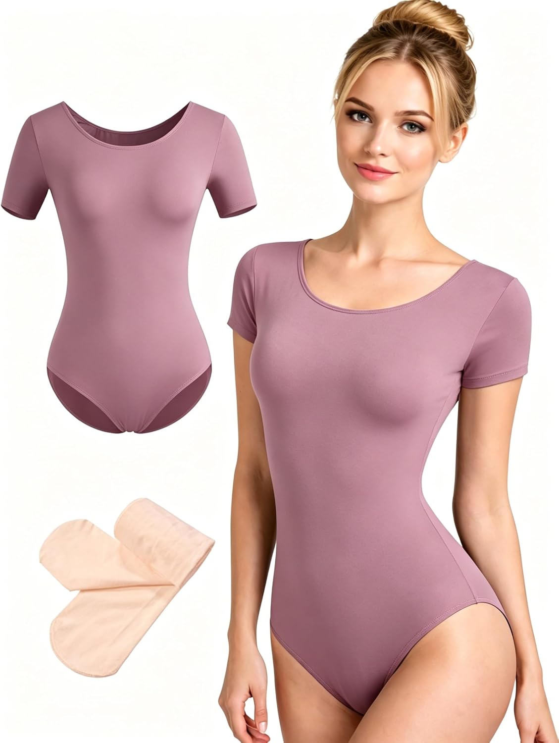 Women Short Sleeve Ballet Leotard Dance Leotard with Tights