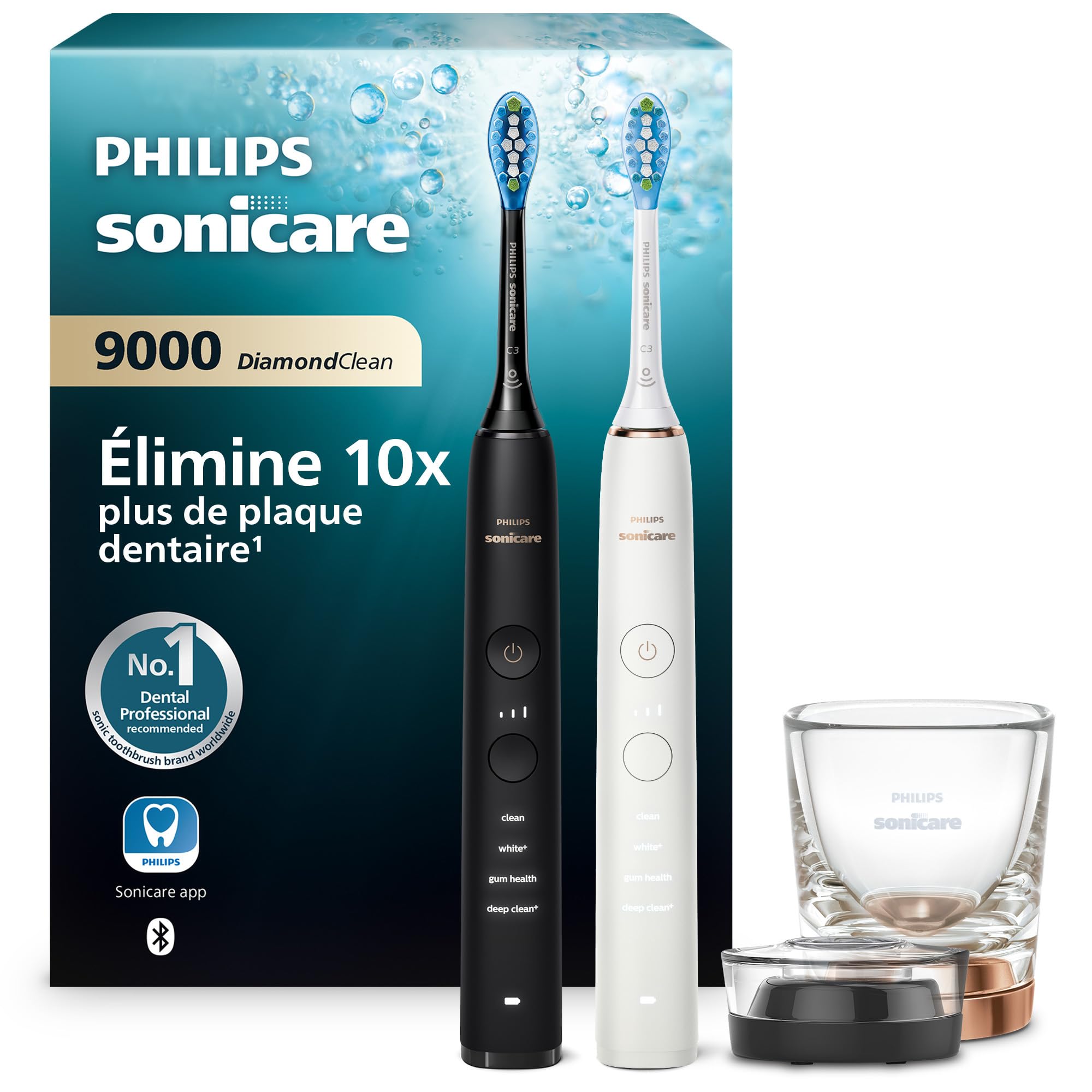 Philips Sonicare DiamondClean 9000, Brosse à dents électrique sonique avec application, capteur de pression, 4 modes de brossage, 3 niveaux d'intensité, verre de charge, pack de 2, HX9914/57