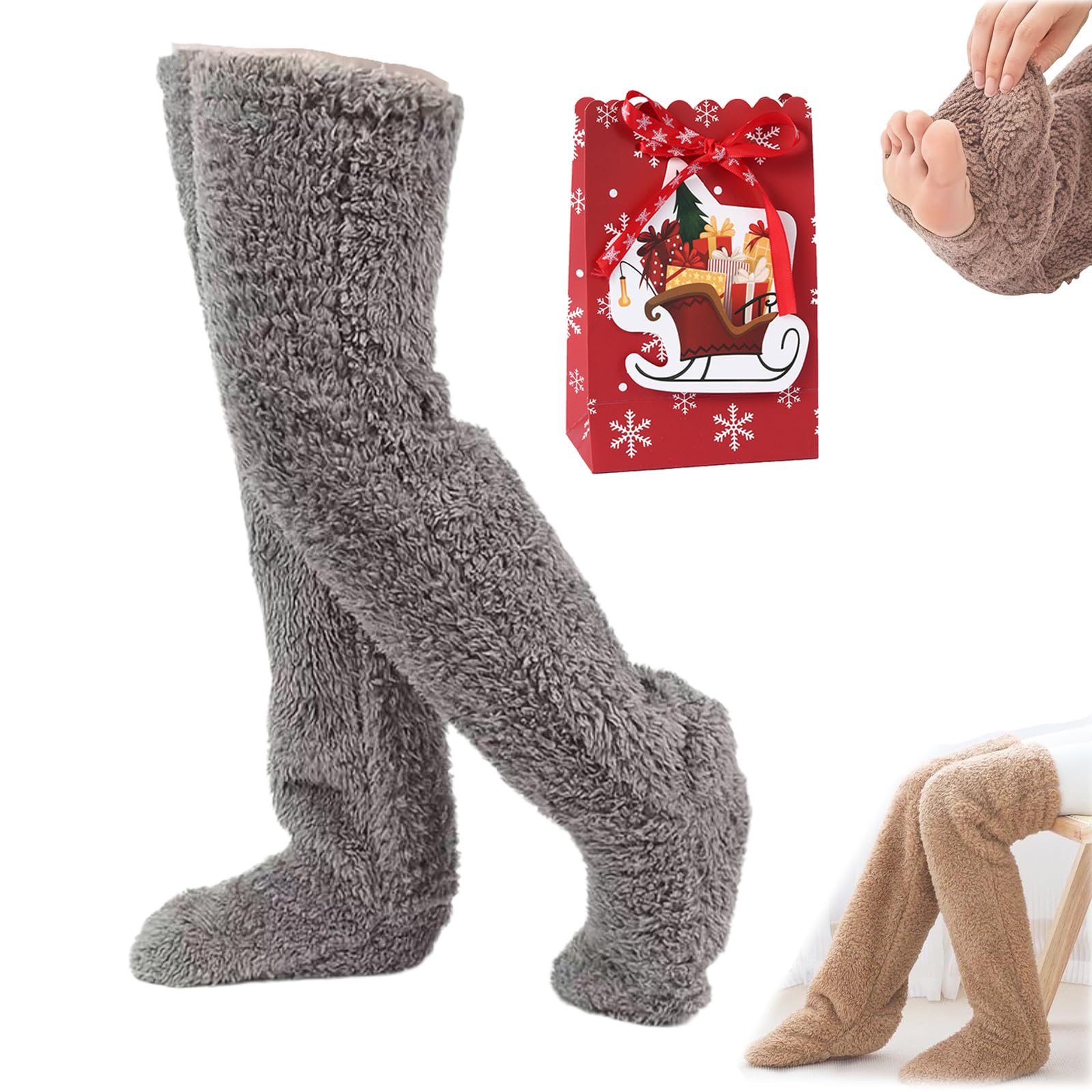 NNBWLMAEE Goose Down Knee Socks for Christmas, Socks Long Fuzzy Thigh High Warm, Thickened Goose Down Leg Warming Knee socks, Plush Warmth Long socks, for the Winter, Adult Men and Women (gray)