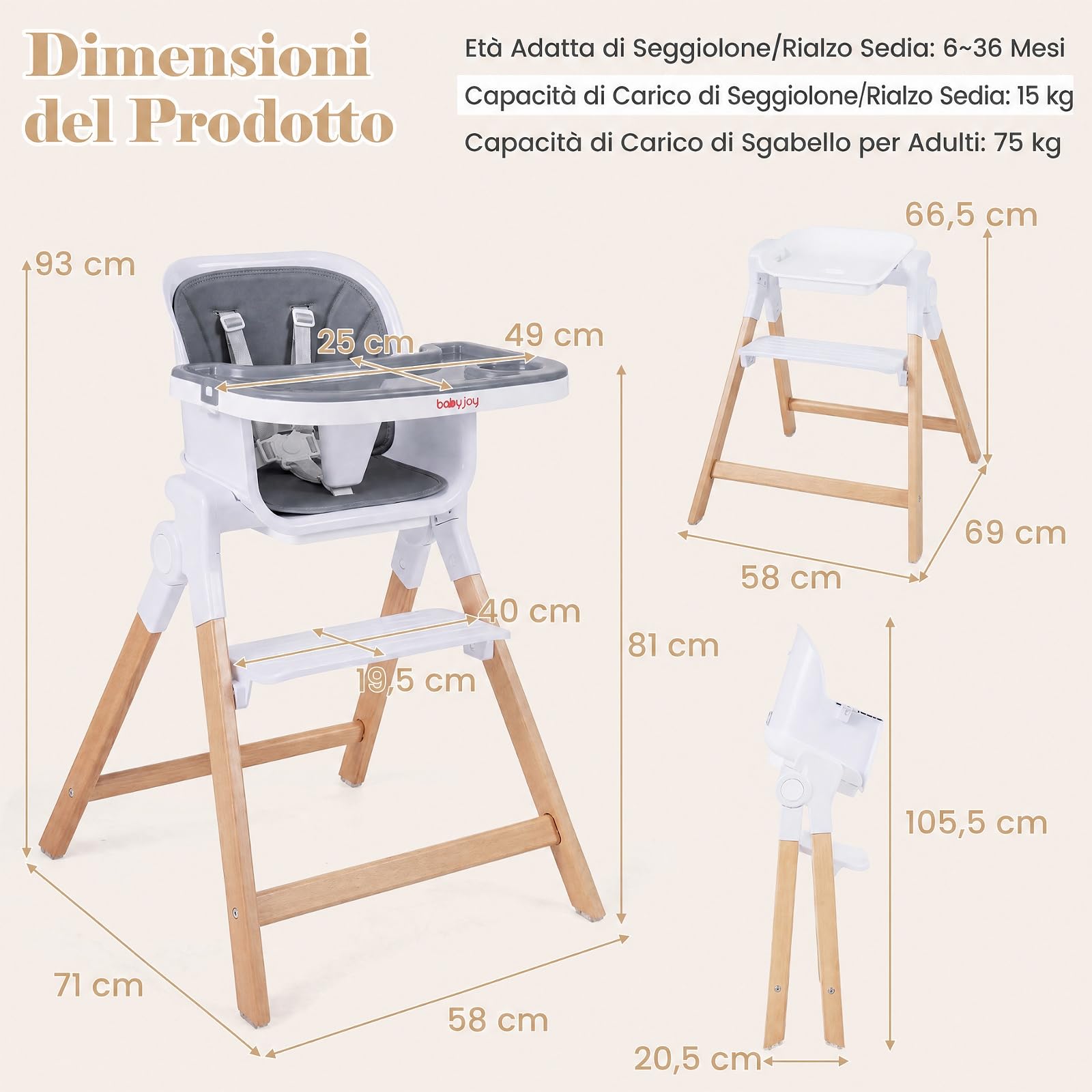 COSTWAY Seggiolone Pappa Pieghevole 4 in 1 con Cuscino di Seduta (Grigio) | Seggiolone per Neonati 6-36 Mesi con Vassoi Rimovibili, Portabicchieri, Cintura di Sicurezza e Gambe in Legno
