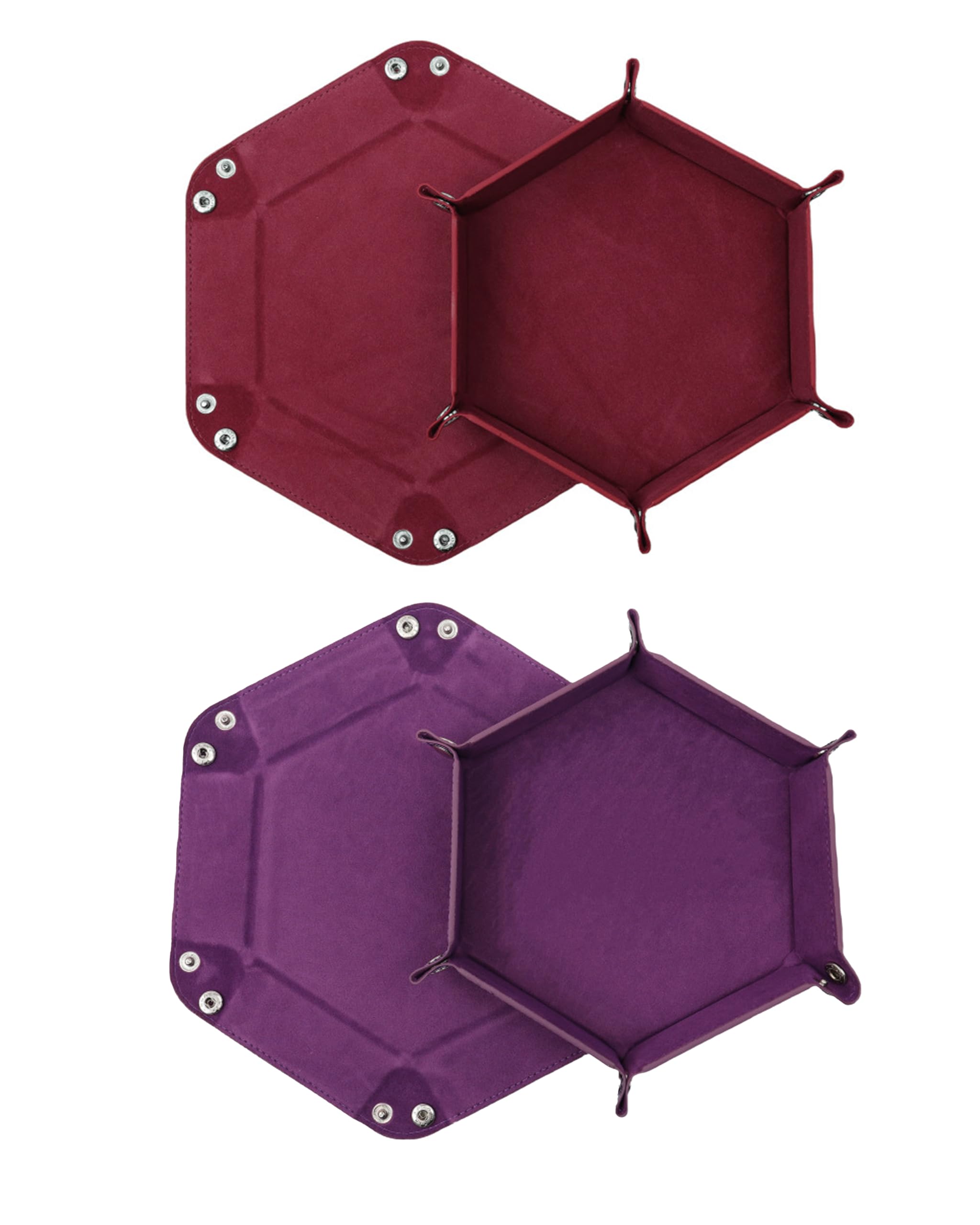 Hexagonal Dice Folding Tray, PU Leather and Velvet, 2 Pieces, for Table Games and RPG (Purple - Winered)