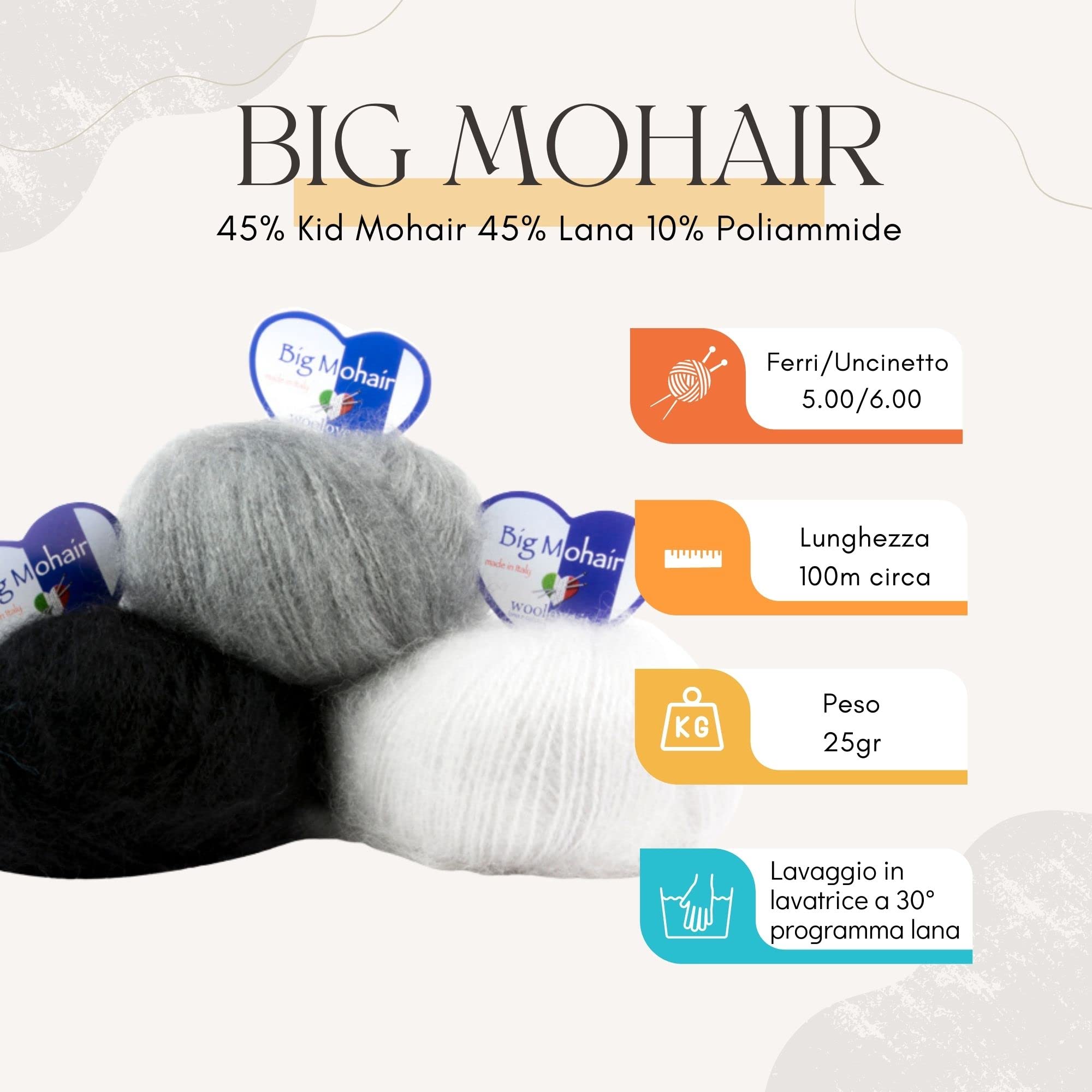 Tricot Cafè - Big Mohair - gomitolo filato lana mista ideale per la realizzazione di capi per neonati e bambini fibra sensibile alle diverse temperature Made in Italy