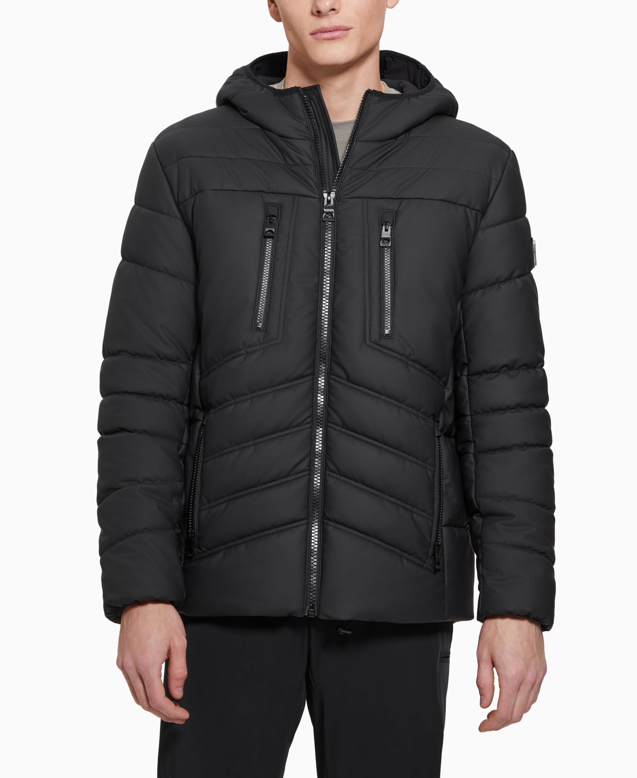 Guess Men's Jet Black Leo Tech Quilted Hooded Jacket, Medium