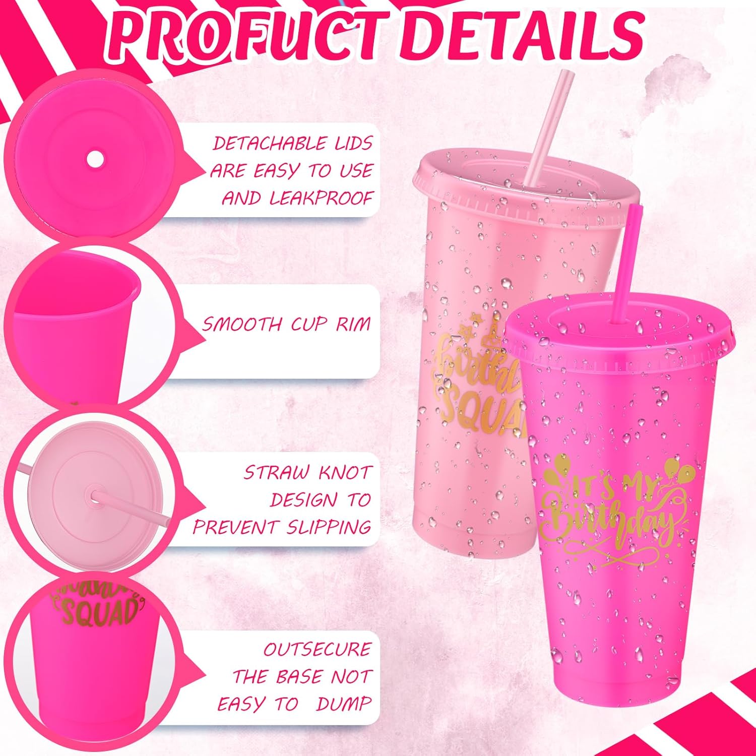 Birthday Party Tumblers 24 oz Squad Plastic Tumblers with Lid and Straw for 20th 30th 40th 50th 60th Birthday Decorations Favor for Women Adults(Rose Red, Pink,12 Pcs) - Image 3