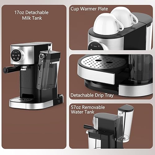 Miniatura 9 de COWSAR Máquina de café expreso de 20 bares, máquina comercial de café con leche y capuchino con espumador de leche automático, para café molido y