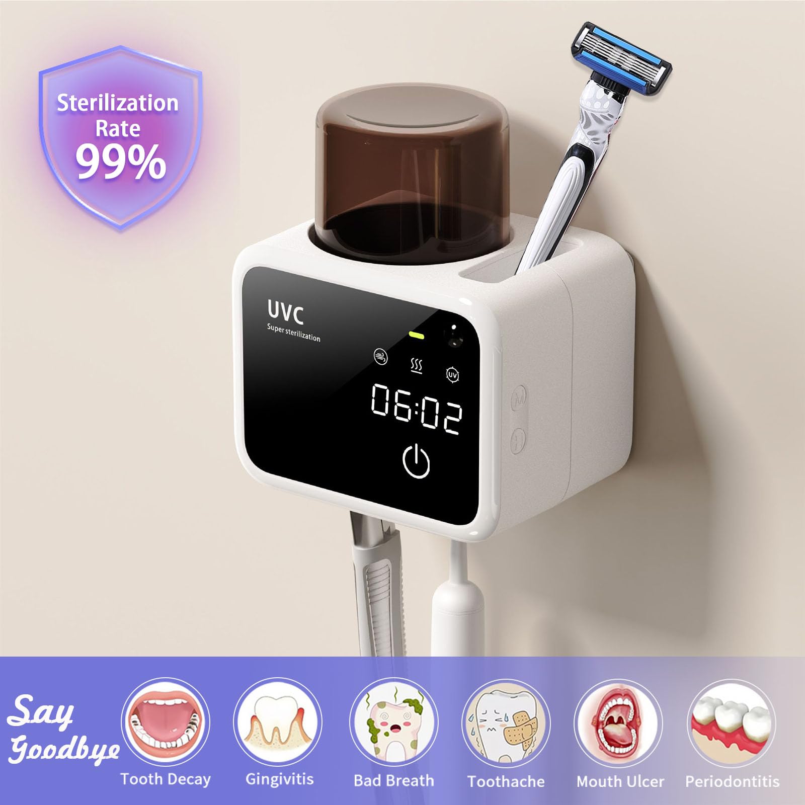 Soporte para cepillos de dientes para baños, soportes para cepillos de dientes eléctricos con secado y limpieza inteligentes, soporte para cepillo de dientes montado en la pared con carga solar,