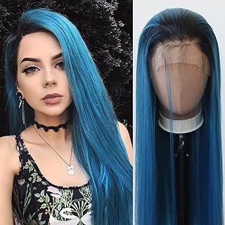Towarm Ombre Blue Wig Synthetic Lace Front Wig for Women Long Straight Lace Front Synthetic Wig Pre Plucked Natural Hairline with Baby Hair for Women Cosplay Daily Wear Wig (Ombre Mix Blue)