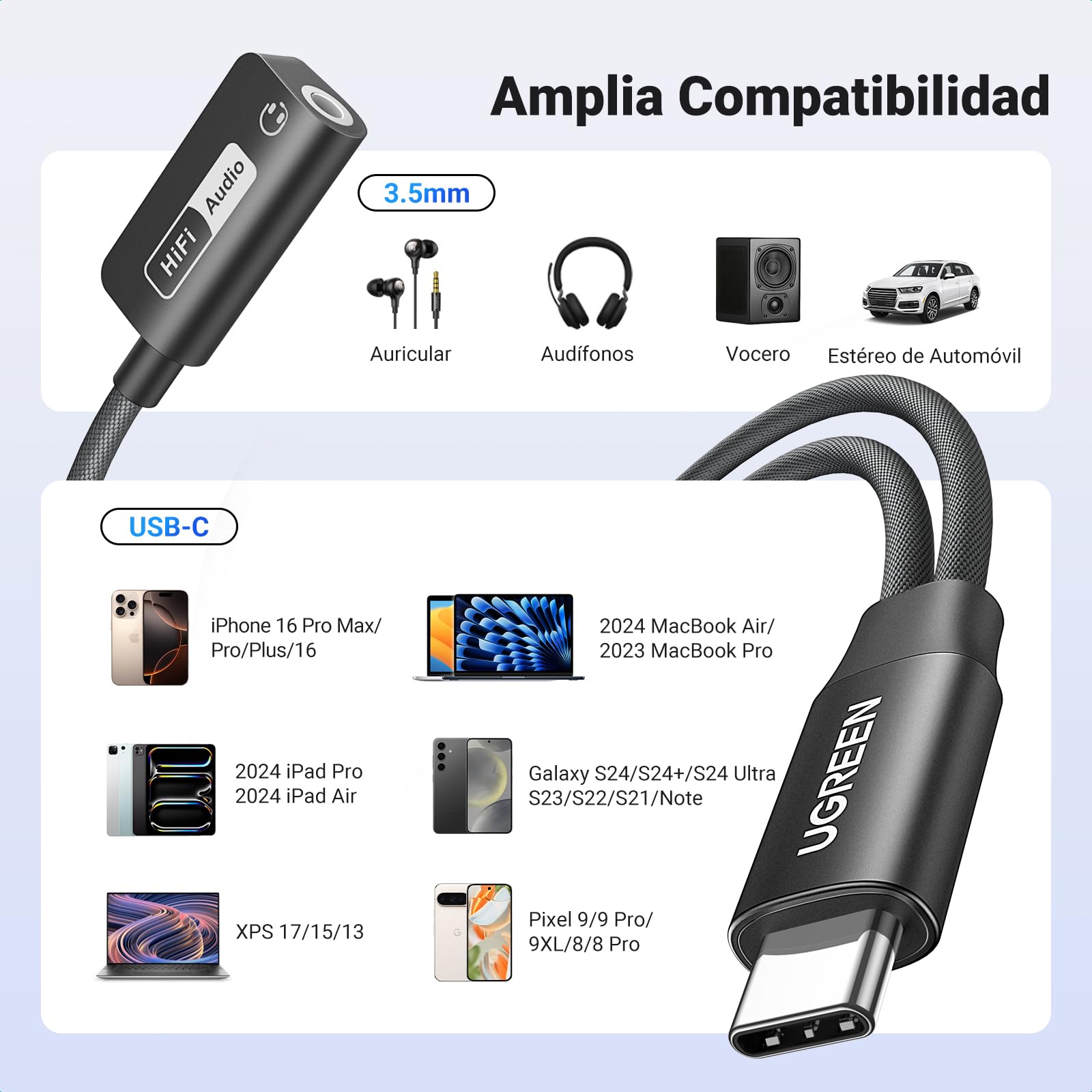 UGREEN Adaptador USB C a Jack 3.5mm PD 60W Magnético 2 en 1 Hi-Res 32Bits/384KHz Tipo C Micrófono Aux Divisor de Auriculares Compatible con iPhone 17 Pro MAX Air Galaxy S25+/25/24/23 Pixel 8