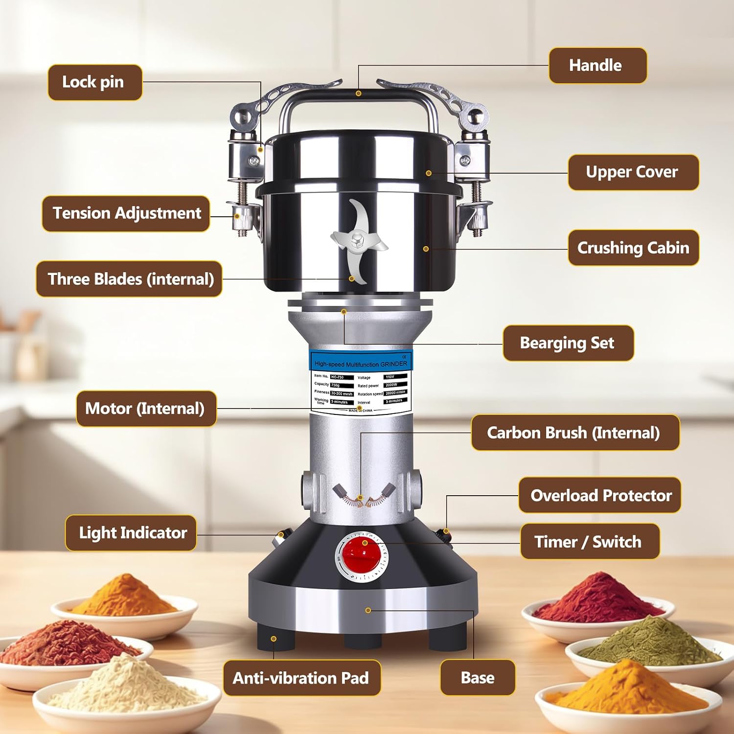 750g Electric Grain Mill Grinder, 2000W 304 Stainless Steel Dry Spice Pulverizer, Timer Controlled Superfine Flour Mill for Home Kitchen Coffee Beans Wheat Corn Herbs