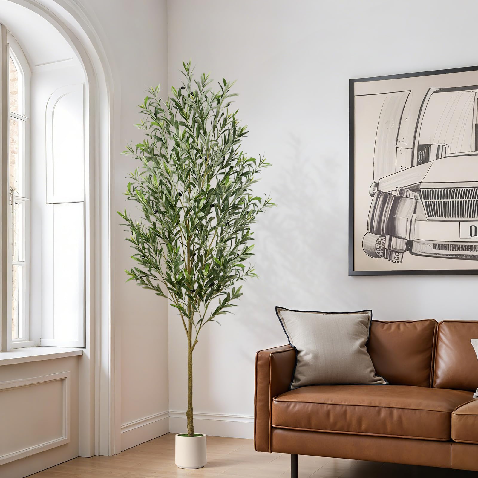 Alupssuc 7FT Artificial Faux Olive Tree, with Lifelike Leaves & White Pot
