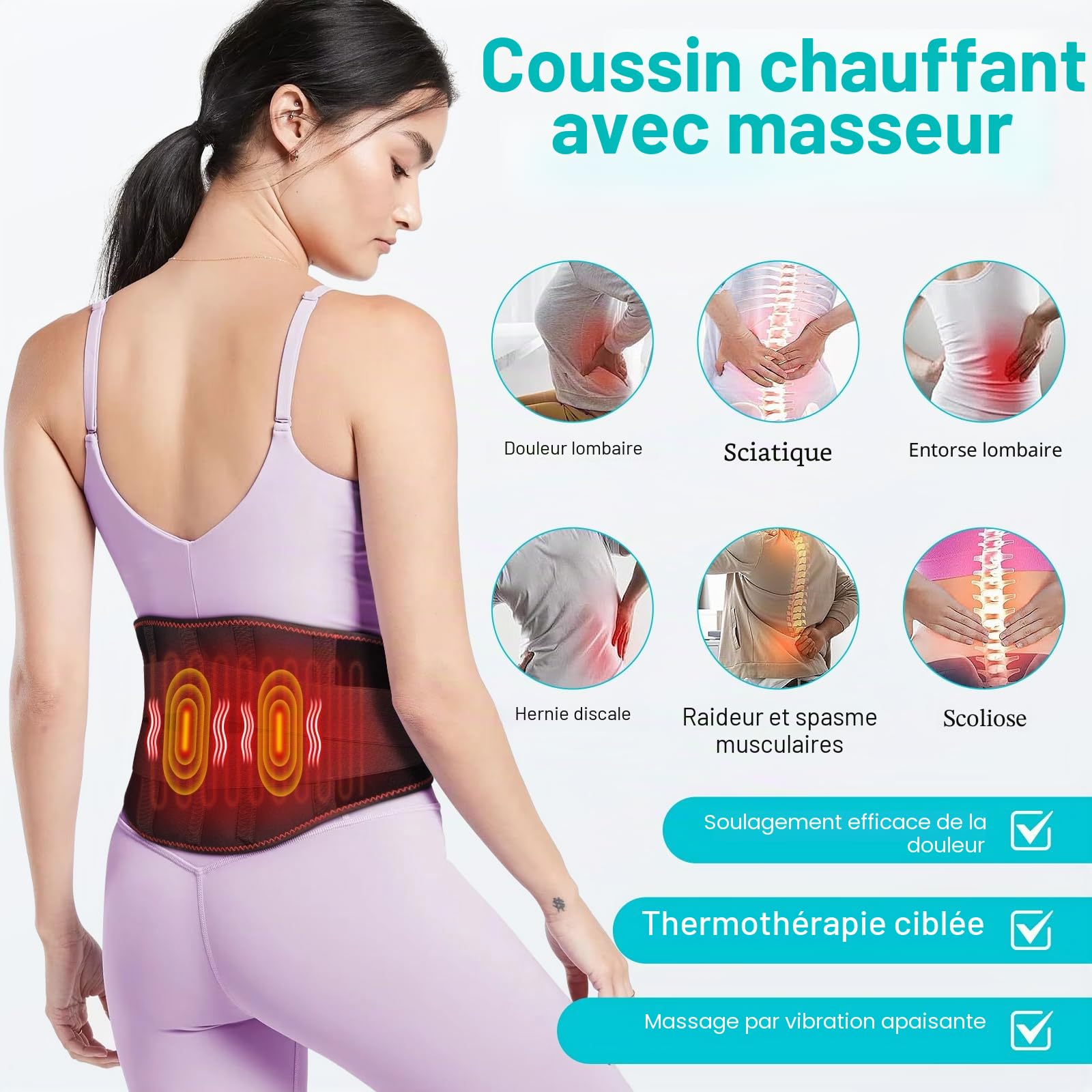 Ceinture Lombaire chauffante,Ceintur Dorsale Chauffante,Ceinture Massante Chauffante avec 3 Modes De Massage et 3 Niveaux de Température,Timer,pour Soulager des Douleurs Lombaires, Abdominales