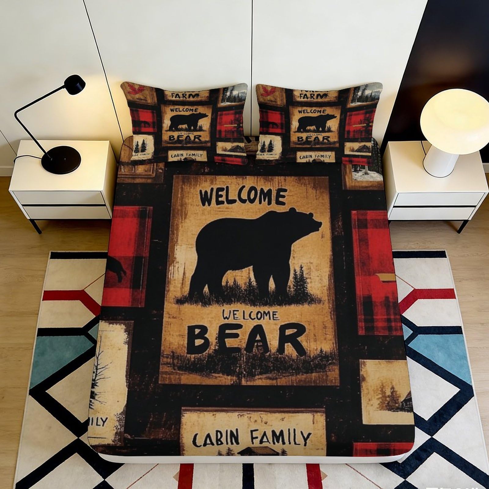3D Printed Bear Lodge Fitted Sheet Microfiber Soft Plaid Cabin Family Mattress Cover Bedroom Decor Protective 90x200x25cm
