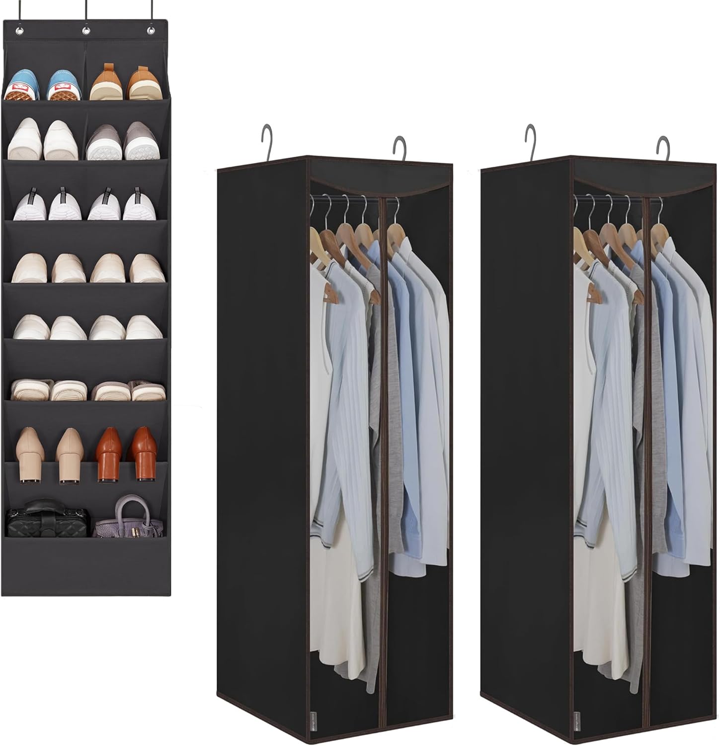 STORAGE MANIAC 1-Pack Over the Door shoe Organizer 8-Shelves + 2-Pack Hanging Garment Bag