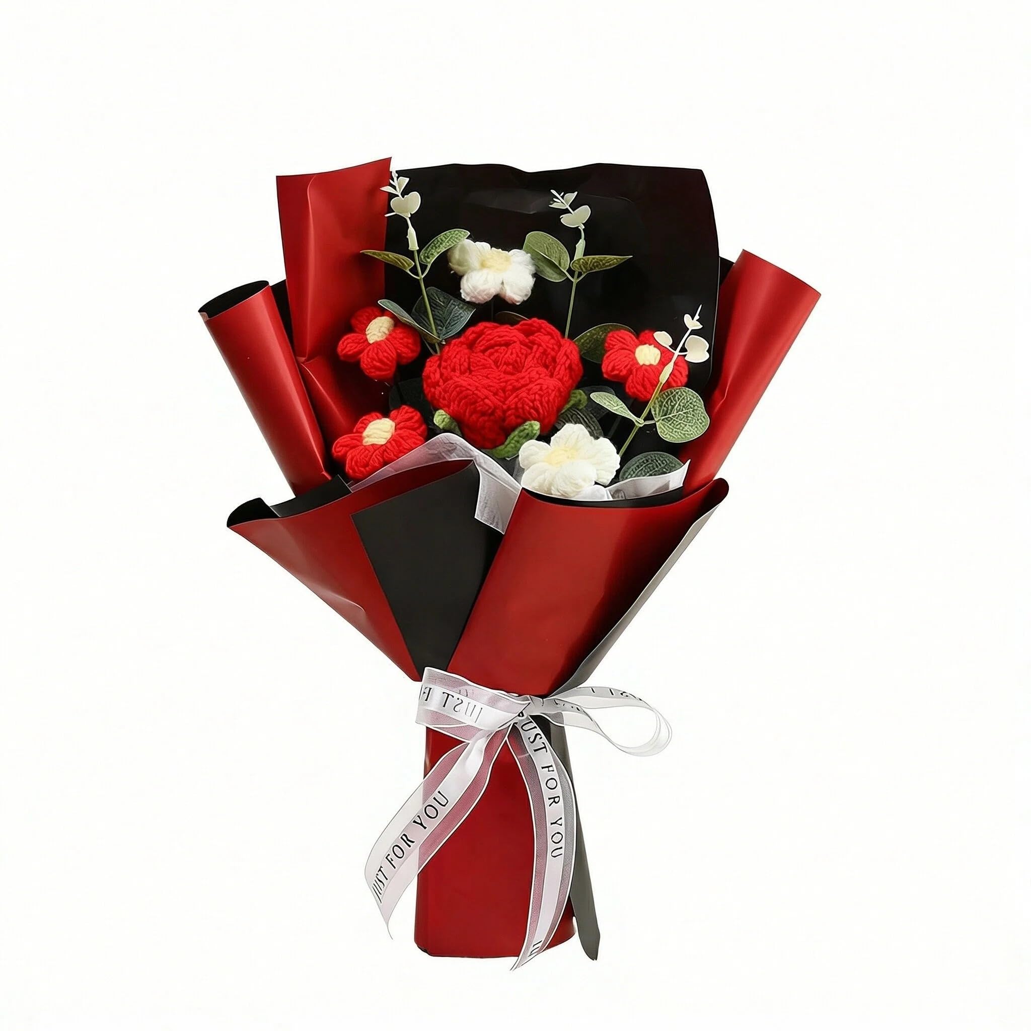 QIANSSE Crochet Flowers Bouquet Knitted Roses, Handmade Artificial Floral, Graduation Teacher Appreciation for Loved Ones Moms Dads Women Teachers(Red)