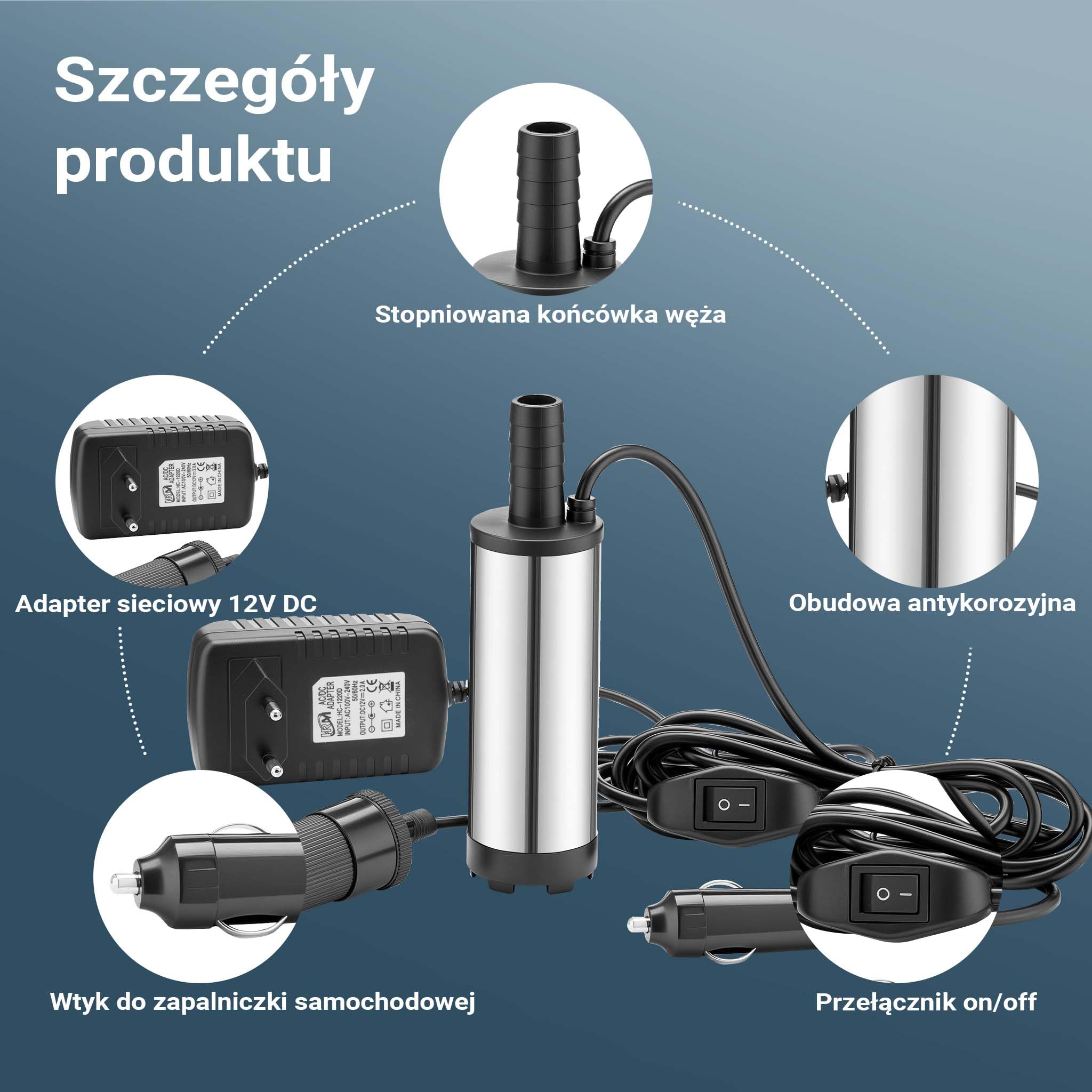 Mini pompa Wiltec 12-15 l/min 8500 obr/min 12 V, wylot 16 mm, pompa zanurzeniowa do wody i oleju napędowego, do spuszczania cieczy, odwadniania, pompowania ponad