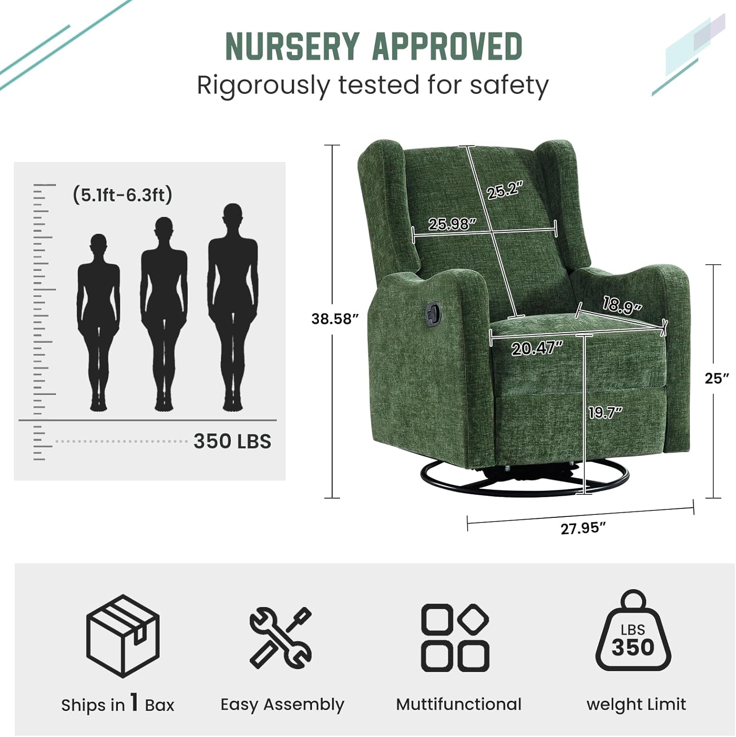 360° Swivel Glider Recliner, Soft Chenille Mid Century Modern Upholstered Ergonomic Rocker Comfy Wingback Accent with Curved Arm Sillas Reclining Chair Living Room Bedroom Lounge Reading Nursery Green