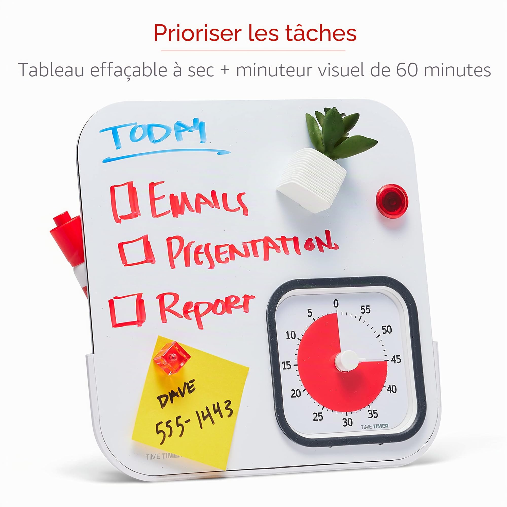 TIME TIMER Mod + Tableau Blanc effaçable à Sec, minuteur de Compte à rebours visuel de 60 Minutes avec Tableau magnétique pour Notes, tâches, rappels de Classe et de Bureau (Charbon)