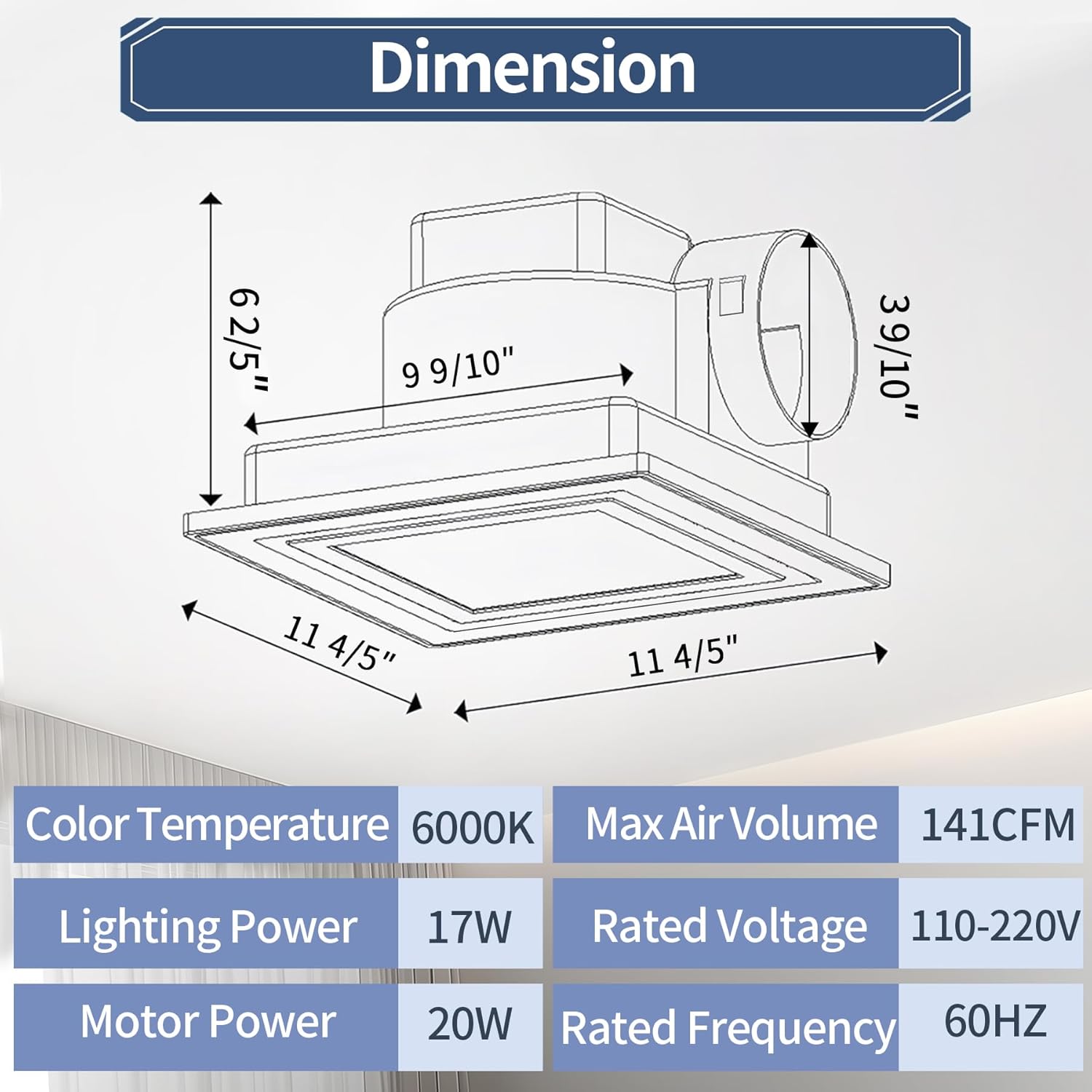 Bathroom Exhaust Fan with LED Light, Square Ceiling Mount Quiet Exhaust Fan for Bathroom/Restroom/Shower/Home/Office,1.0 Sones Low Noise, 141 CFM 4" Duct (Panel size:12inch)