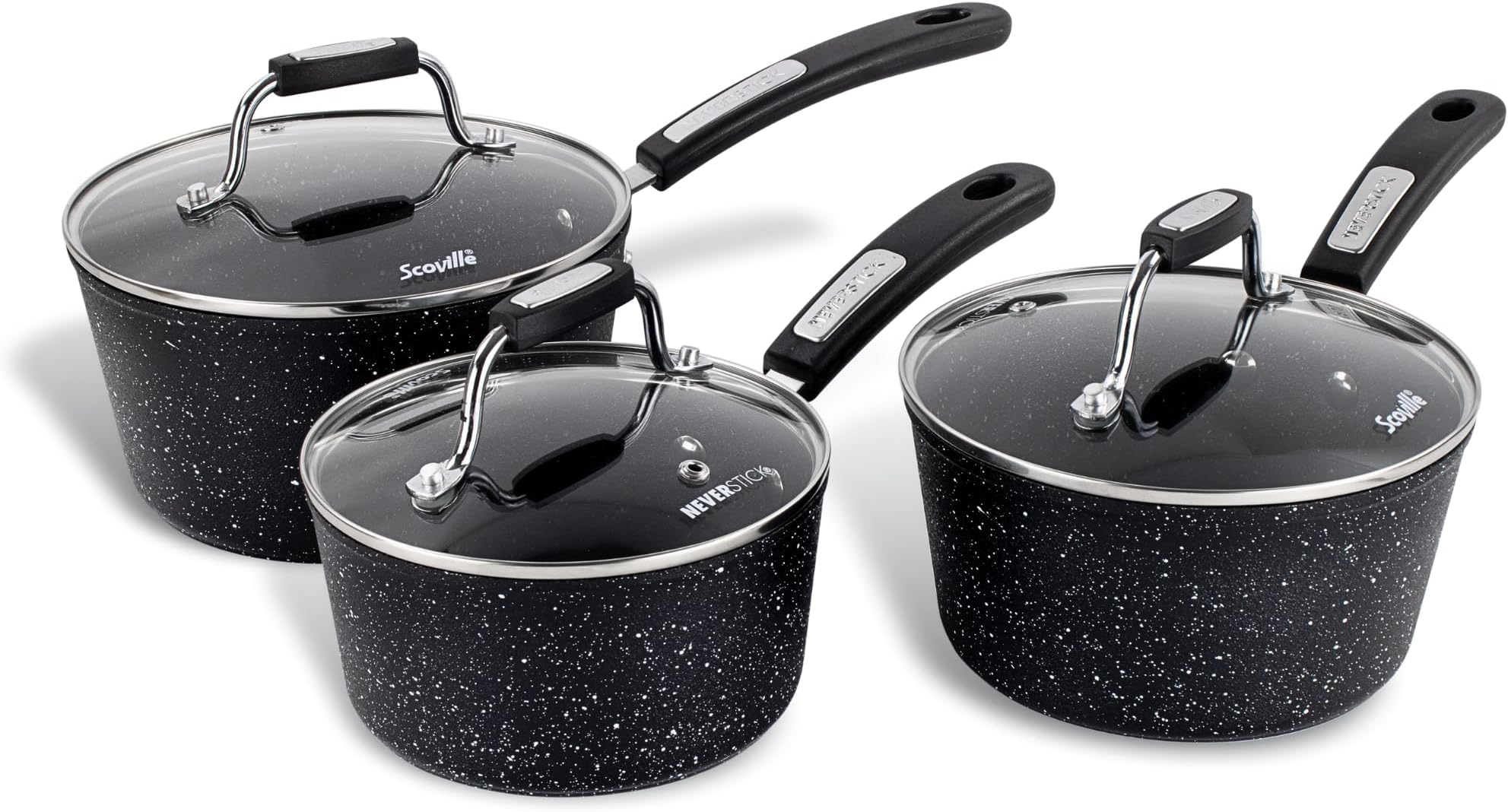 NEVERSTICK 3pcs Saucepan Set with Lids, Non Stick Saucepan Set, 16/18/20cm Saucepans, Suitable for All Hobs Including Induction, PFOA Free, Cool-Touch Handles, Aluminium, Black