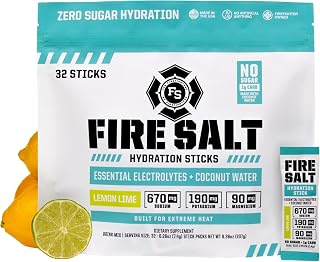 Fire Science Fire Salt Hydration Sticks, Electrolytes & Coconut Water, Hydration Drink Mix with Magnesium, Potassium & Sodium, Zero Sugar, Single Serve On The Go Packs, Lemon Lime Flavor, 32 Count