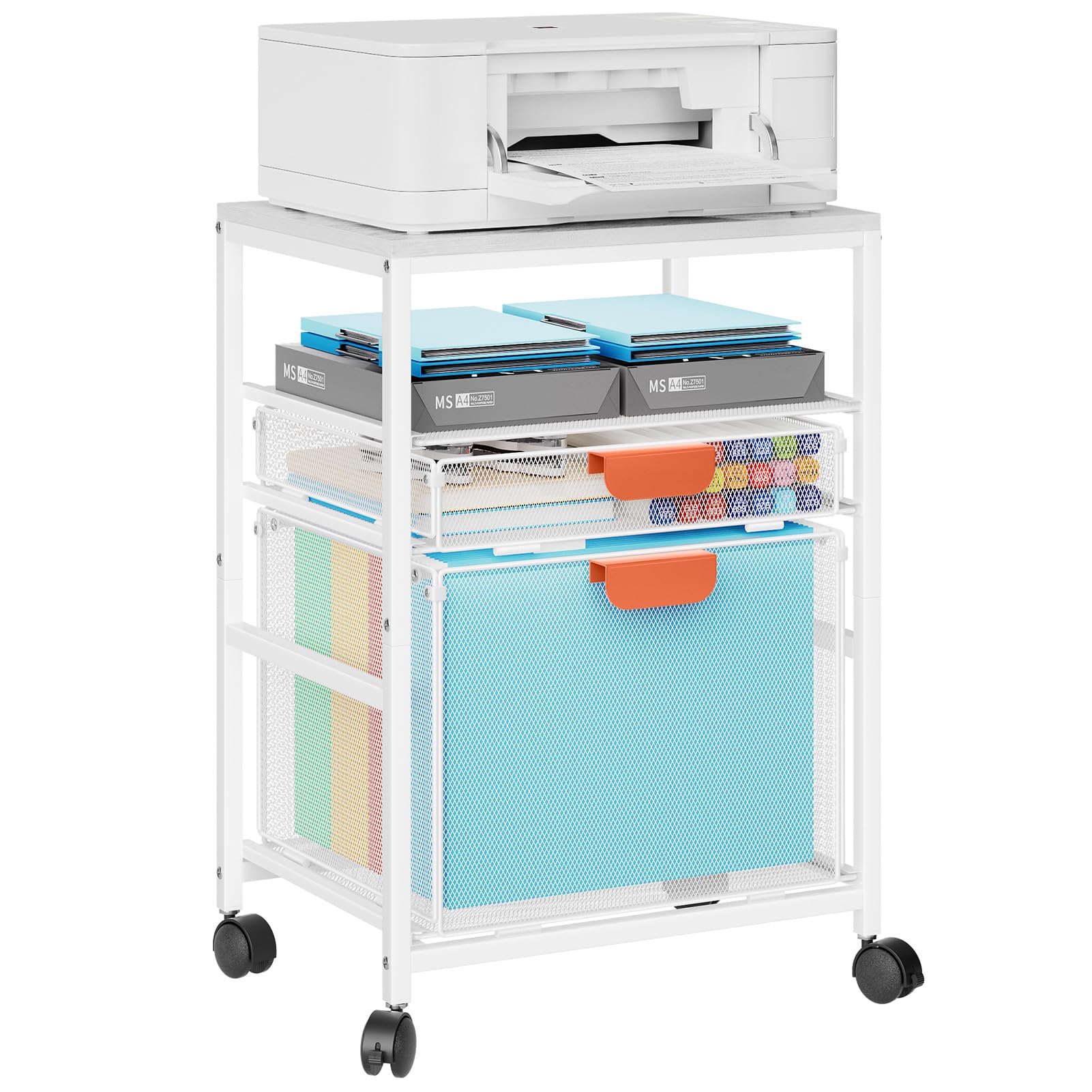 Marbrasse Rolling File Cart with Handle, Mobile File Cabinet on Lockable Wheels, Office Filing Cabinet Organizer, Printer Stand with Hanging File