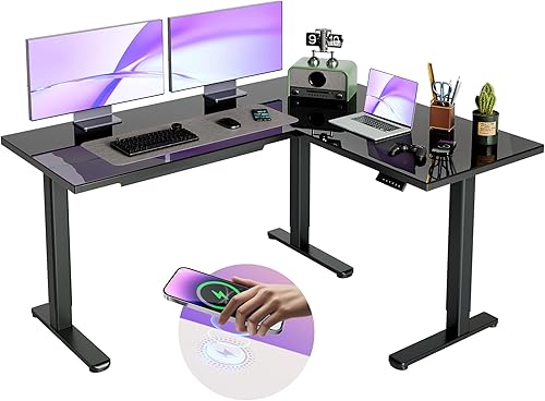 Escritorio de pie de vidrio en forma de L de altura ajustable, escritorio eléctrico de esquina de doble motor con cajones, escritorio de pie para