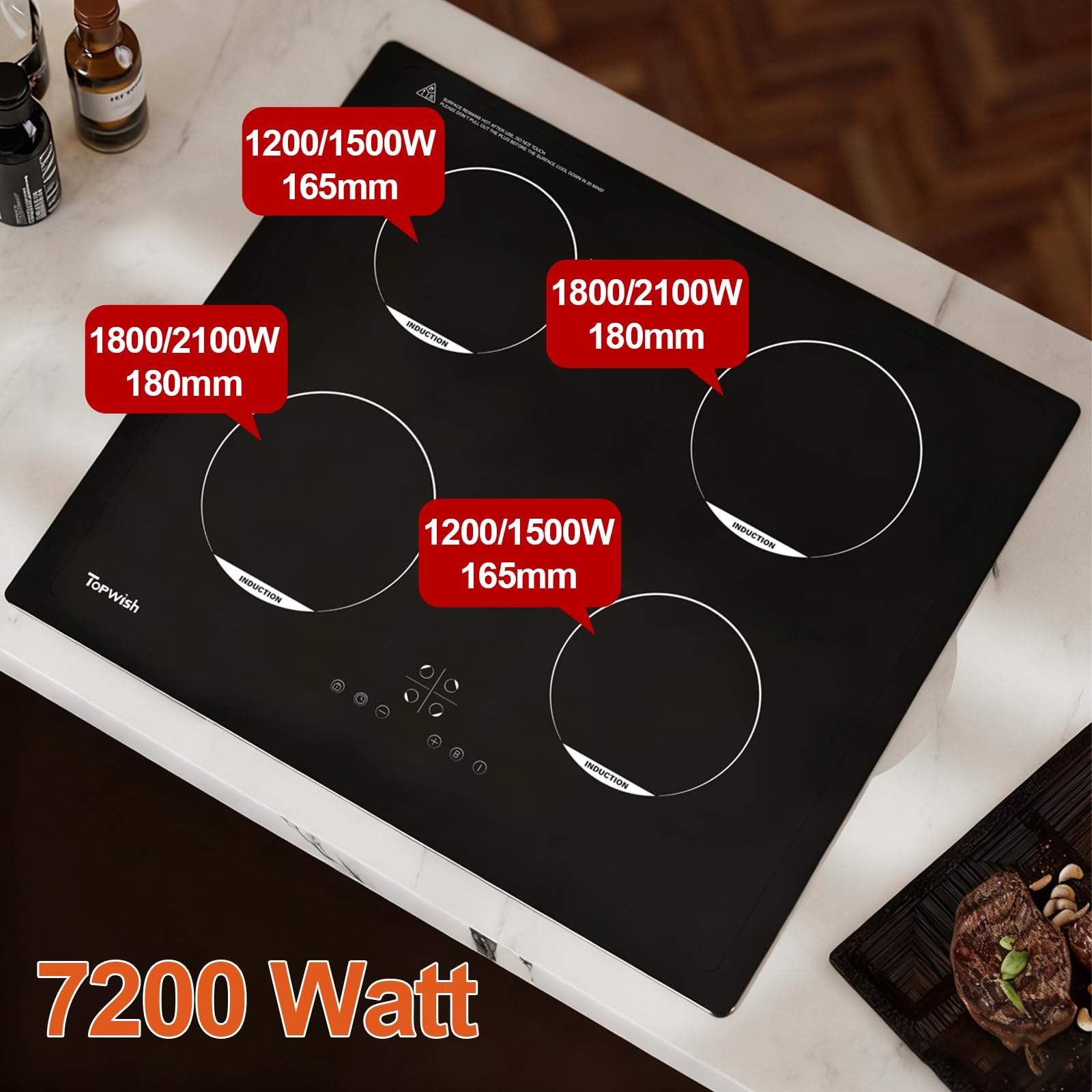 Topwish piano induzione, piano induzione 4 fuochi, piano cottura induzione incasso con sicurezza bambini, funzione boost, controllo touch, indicatore di calore residuo, 60CM, 7200W