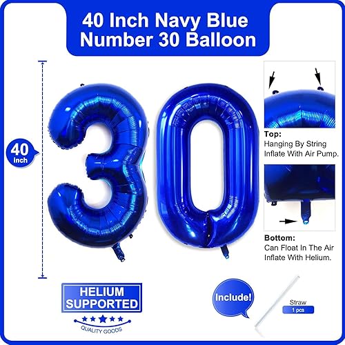 Miniatura 2 de Lovoir Globo azul marino de 40 pulgadas, 30 dígitos gigantes, helio azul oscuro para fiesta de 30 cumpleaños, decoraciones de celebración de