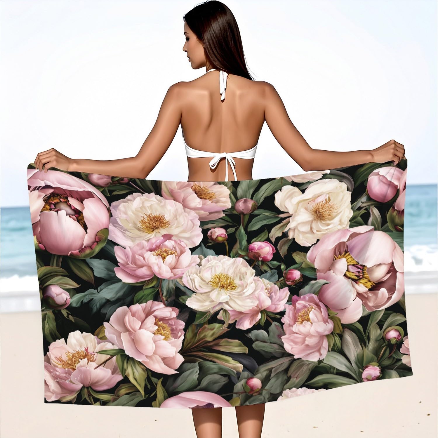 Telo mare moderno naturale, extra large, 200 x 100 cm, in microfibra, senza sabbia, ad asciugatura rapida, romantico, elegante, morbido, con piante, floreale, ideale come regalo per le vacanze per la