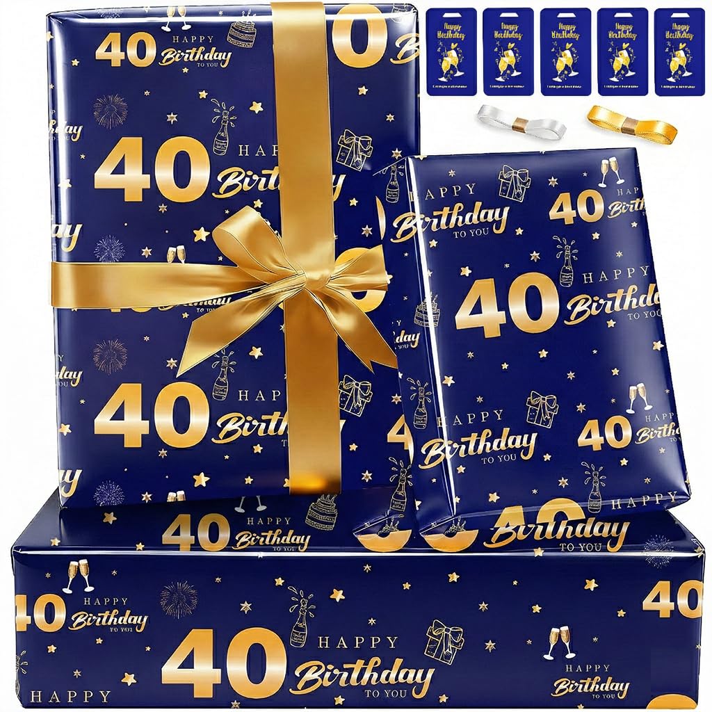 40th Birthday Wrapping Paper Set with Tags Ribbons,Gift Wrapping Paper for Men Dad Him, Happy Birthday Paper Wrapping Present Wrap Luxury Gift Wrap Paper for Birthday Gifts Decorations,Blue Gold
