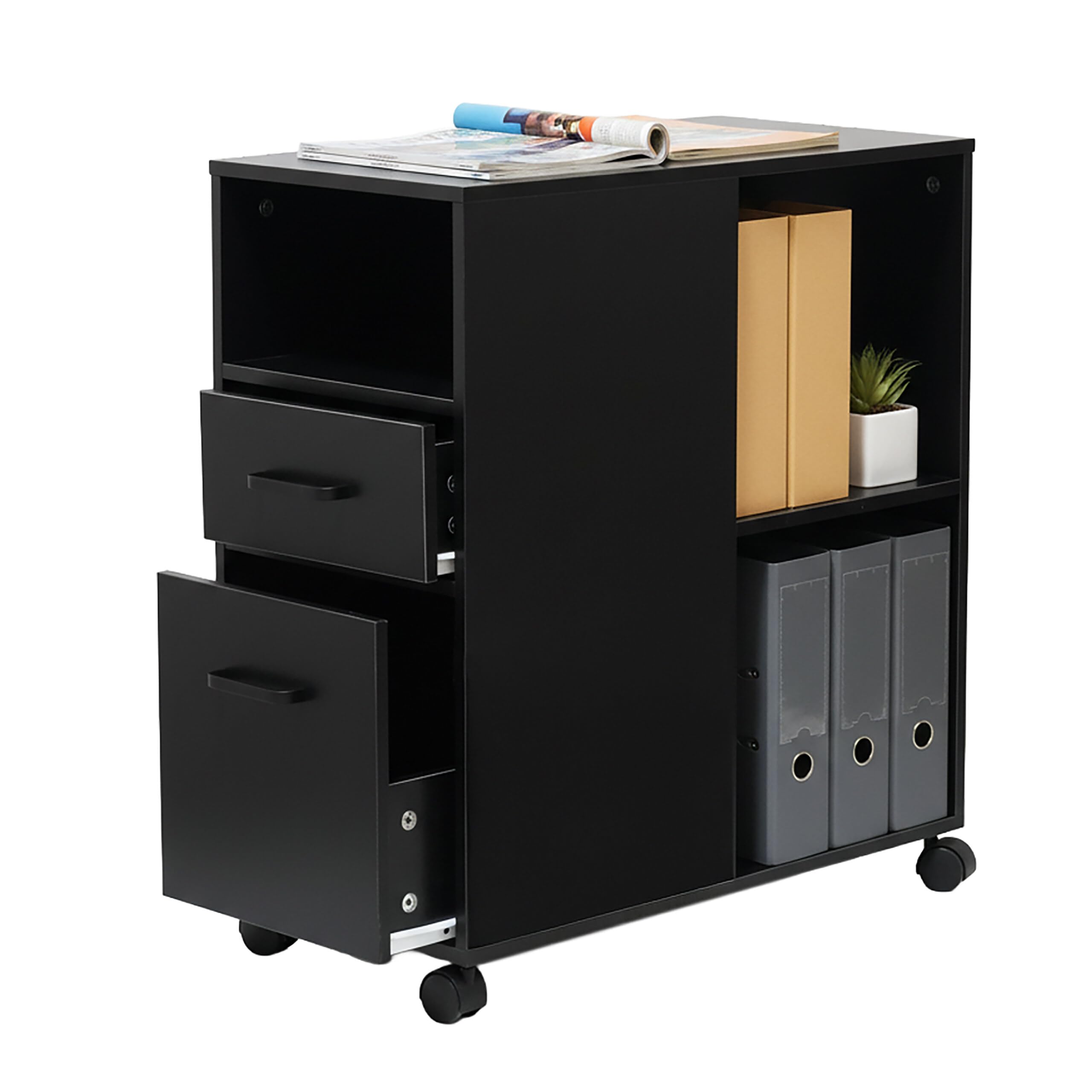 Relaxdays Rollcontainer, 2 Schubladen, 3 Fächer, HxBxT: 65 x 30 x 60 cm, MDF, Büro Unterschrank, Aktenschrank, schwarz