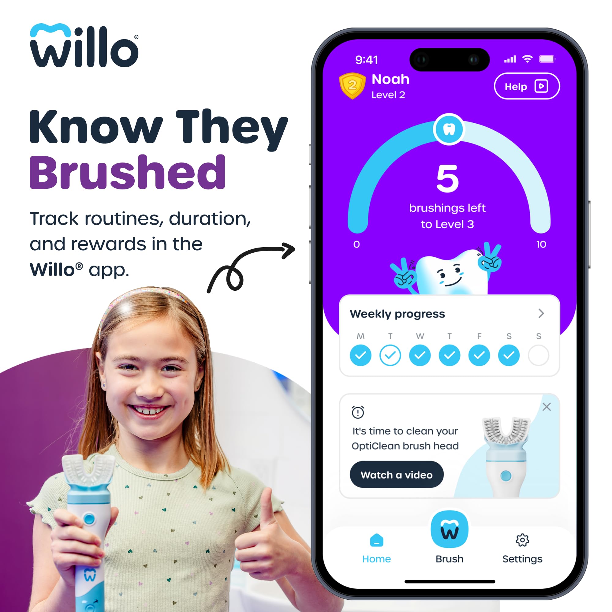 Willo BrushBot - Starter kit per bambini a forma di U, spazzolino automatico per bambini, timer da 2 minuti, connettività con app, setole morbide, ricaricabile, rimozione della placca, piccole bacche