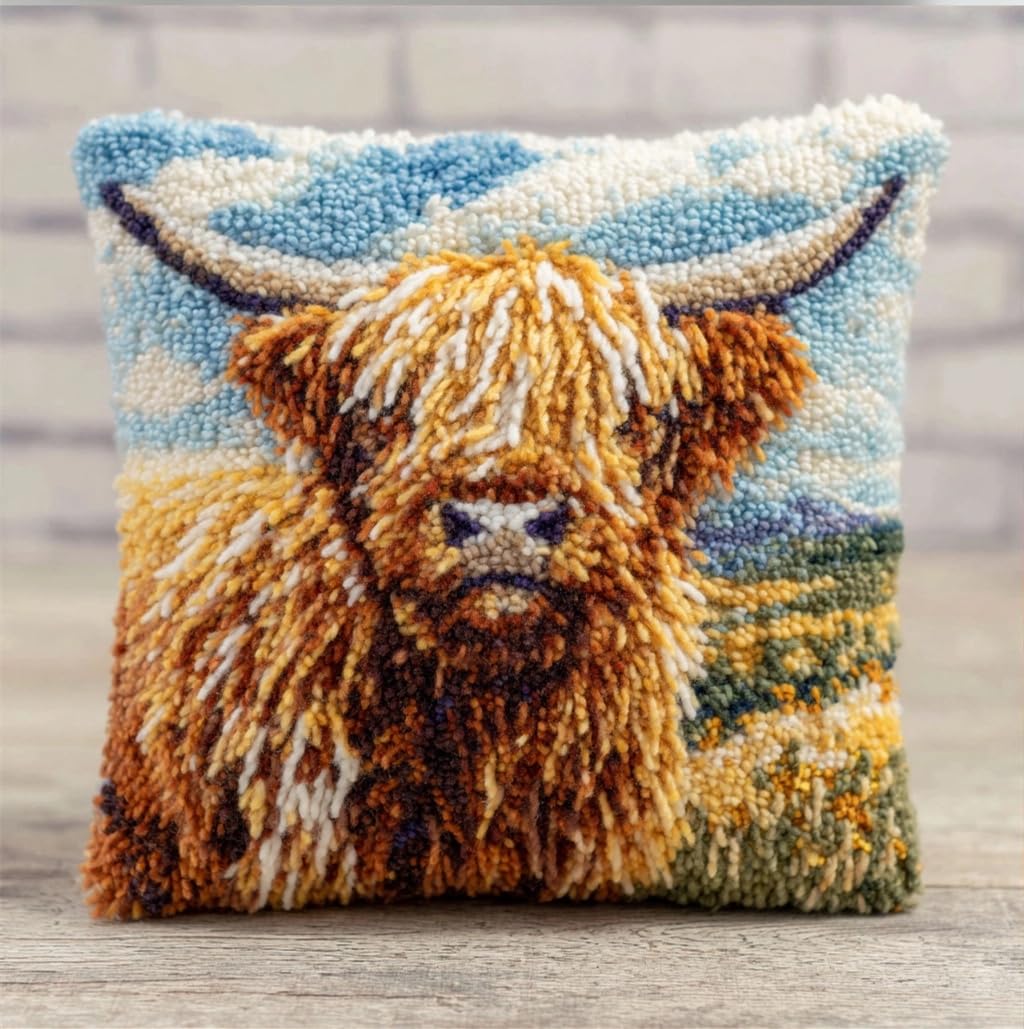 Taxpy Latch Hook Pillow Cover Kits for Adults Beginners,Highland Cattle Pre-Printed Embroidery Cushion Kit Latch Hook Kit Cushion Cover Making for DIY Starter Project,17X17Inch