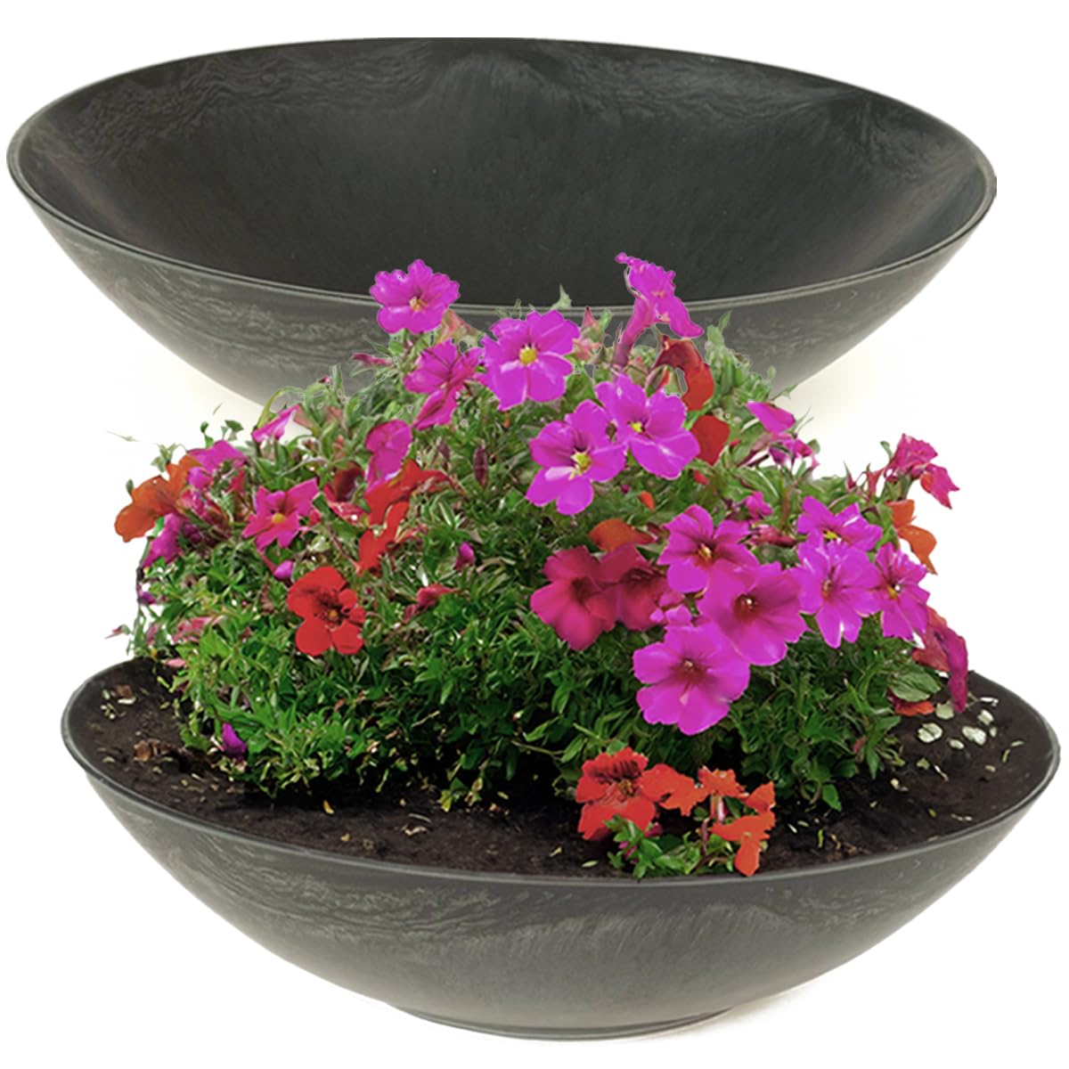 matches21 macetas resistentes a la intemperie en 45 cm para exteriores – 2 cuencos decorativos grandes en negro jaspeado como cuencos para flores – cuencos planos de jardín para flores, bonsái o