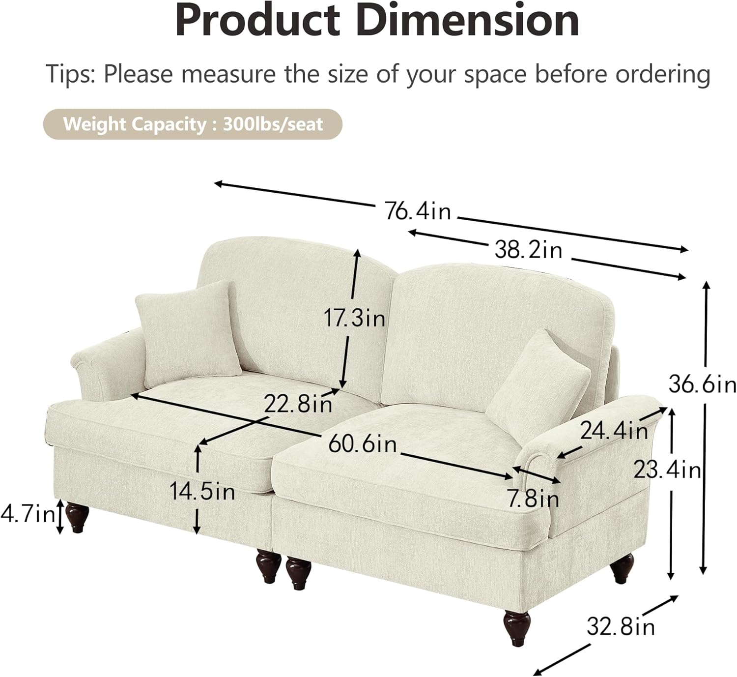 KEIKI Mid Century Modular Sofa with Flared Arms and Skirted Design, 76" Loveseat Chenille Sectional Couches for Living Room, Soft Apartment Size Couch, Home Sofa Bedroom Furniture, Beige White