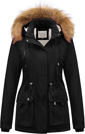 Chrisuno Womens Winter Parka Coats Soft Fleece Sherpa Lined Drawstring Snow Jacket With Faux Fur Trim Hood