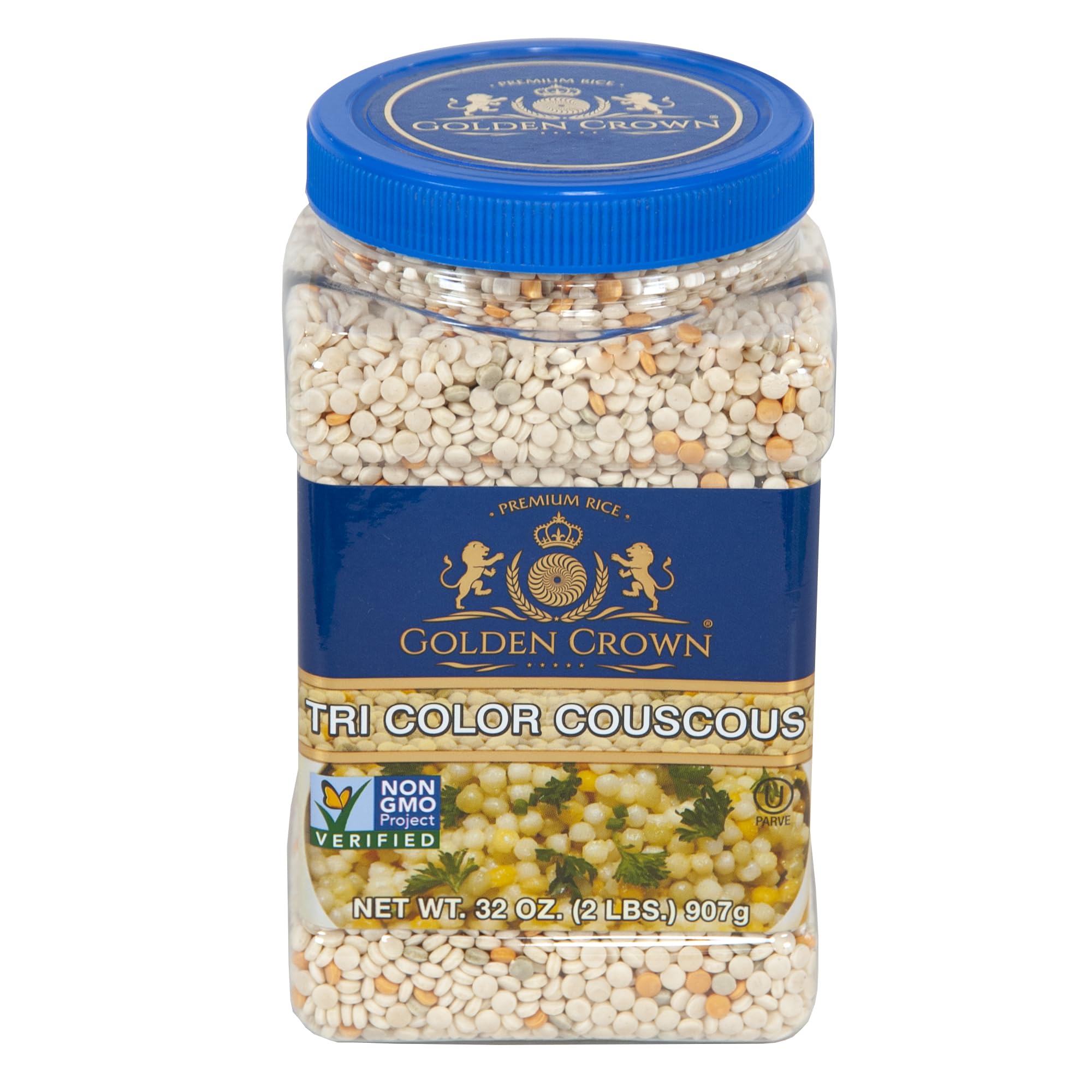 Golden Crown Premium Quality Tri Color Couscous - 32 oz (2Lb) | Natural Non-GMO Project Verified Kosher Certified | Pearled Noodles for Mediterranean Salads, Soups & More Dishes