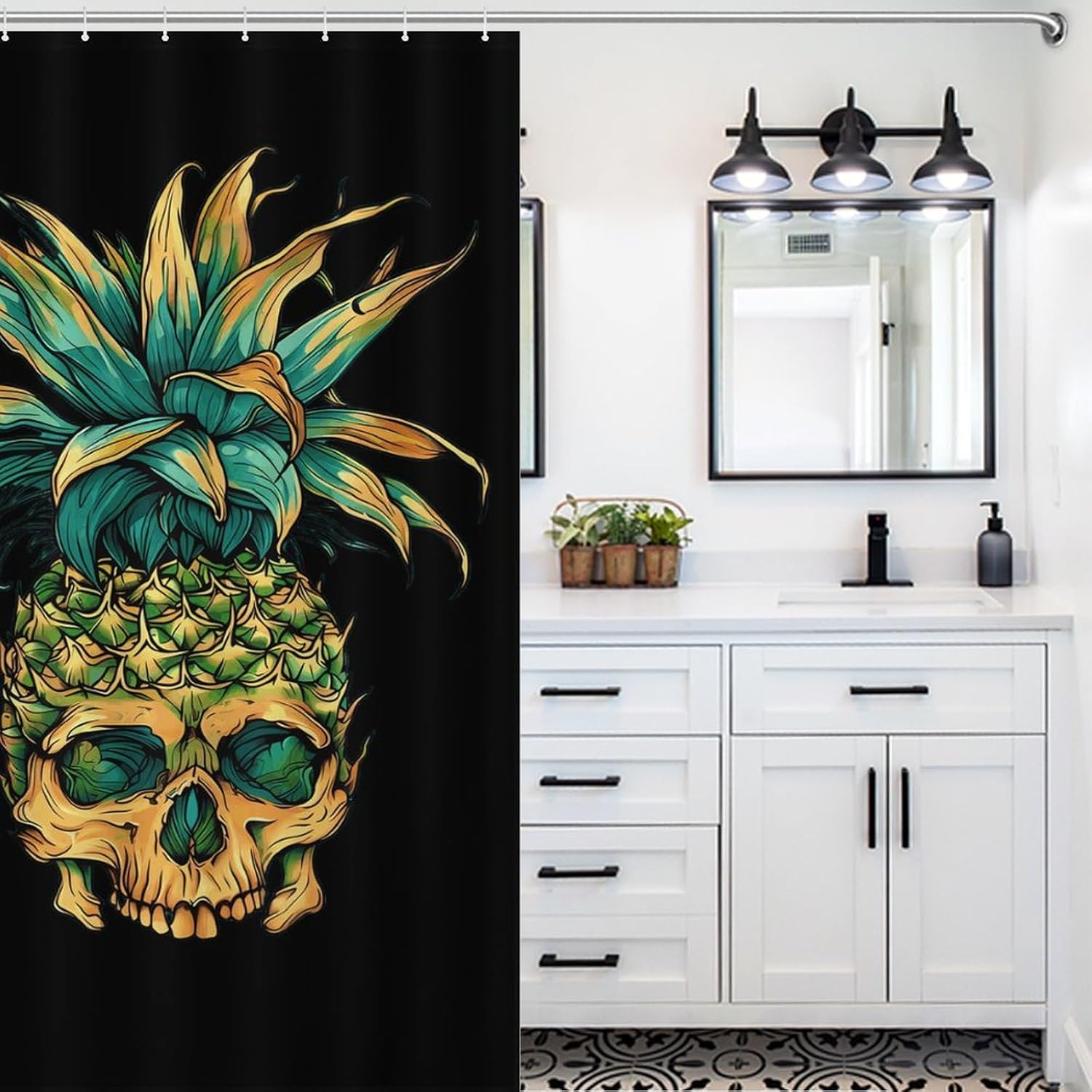 Cool Pineapple Skull Funny Shower Curtains Washable Bath Curtain Liner with Hooks for Bathroom Bath Tubs