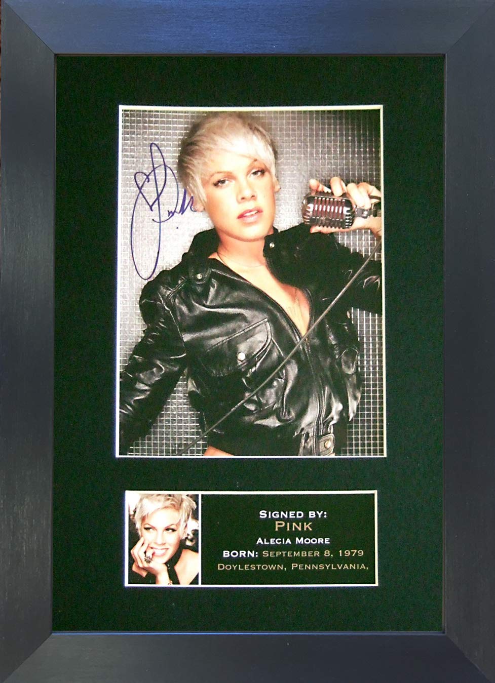PINK Signed Autograph Mounted Photo Reproduction PRINT A4 Rare Perfect Birthday (297 x 210mm) #230 (Black Frame)