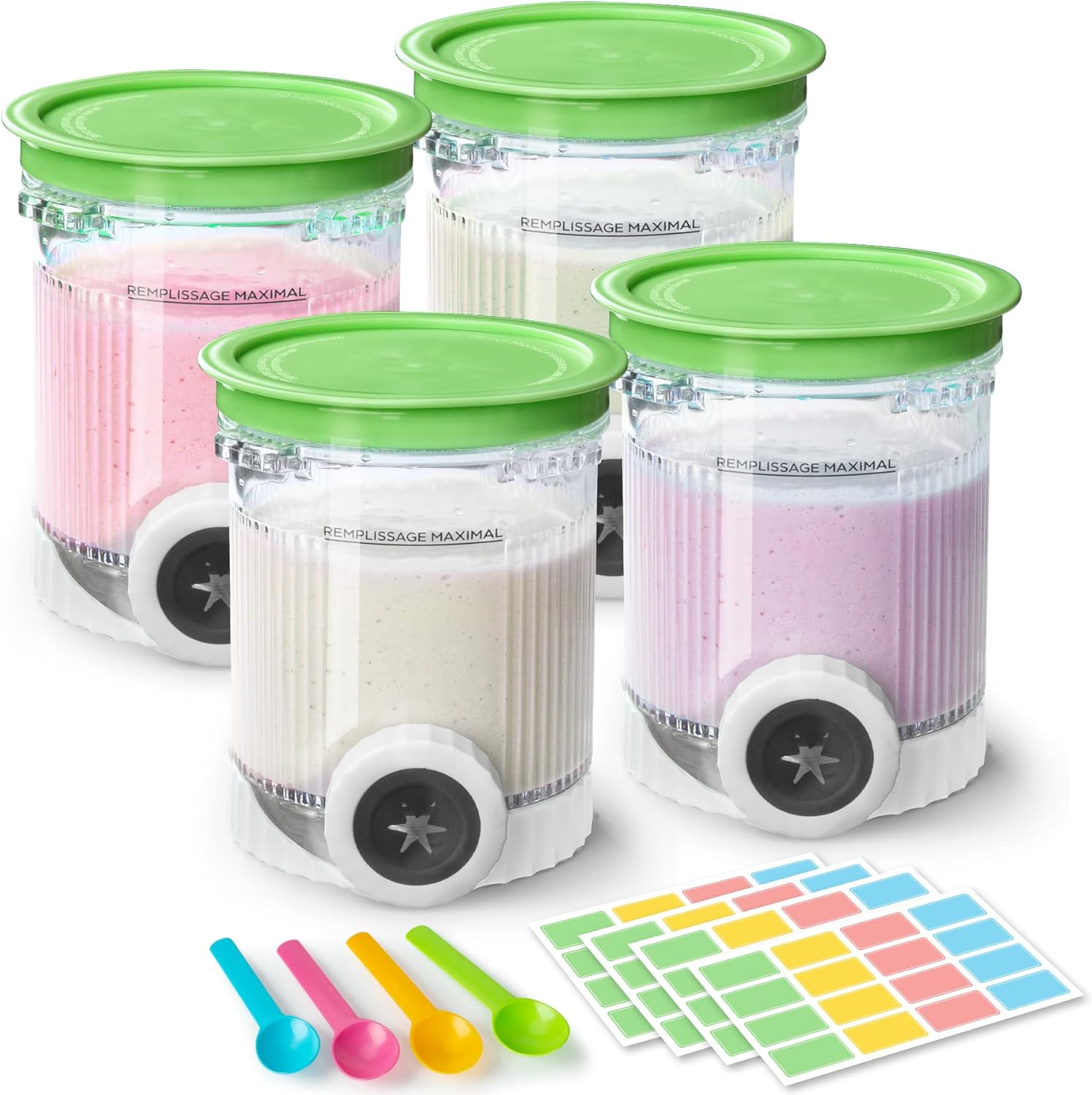 GuanQiao 4 Pack Creami Swirl Pints & Lids for Ninja, Compatible with NC700 Series Ninja Swirl Ice Cream & Soft Serve Makers, with 4 Spoons & 64 Writable Labels, BPA-Free & Dishwasher Safe, Green Lids