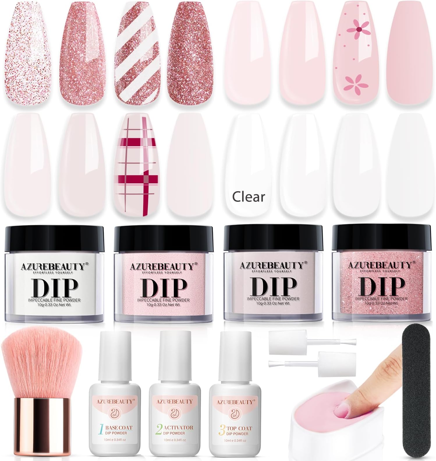 Dip Powder Nail Kit Starter, 4 Colors Pink Tones Dipping Powder Set, French Nail Art Base Top Coat Activator Liquid All Seasons Manicure DIY Salon