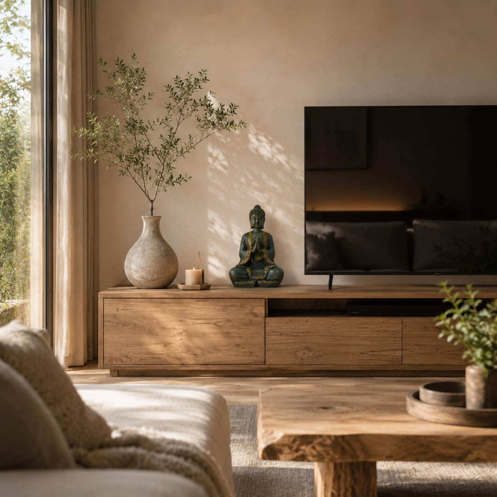 Zen Light - Grande Statue Bouddha Zen 38 cm - Excellente Finition, Peinture Effet Patiné, en Résine - Bel Objet de Décoration et Feng Shui pour la Maison - Idée Cadeau Porte Bonheur