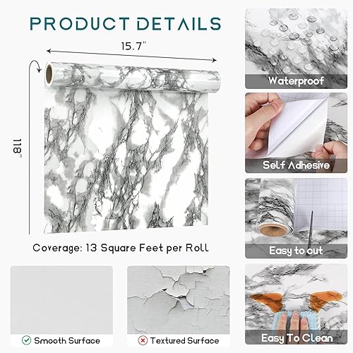 Miniatura 8 de VEELIKE Papel de contacto de mármol extraíble para despegar y pegar, 15.74 x 118.11 pulgadas, adhesivo decorativo para estante de película para