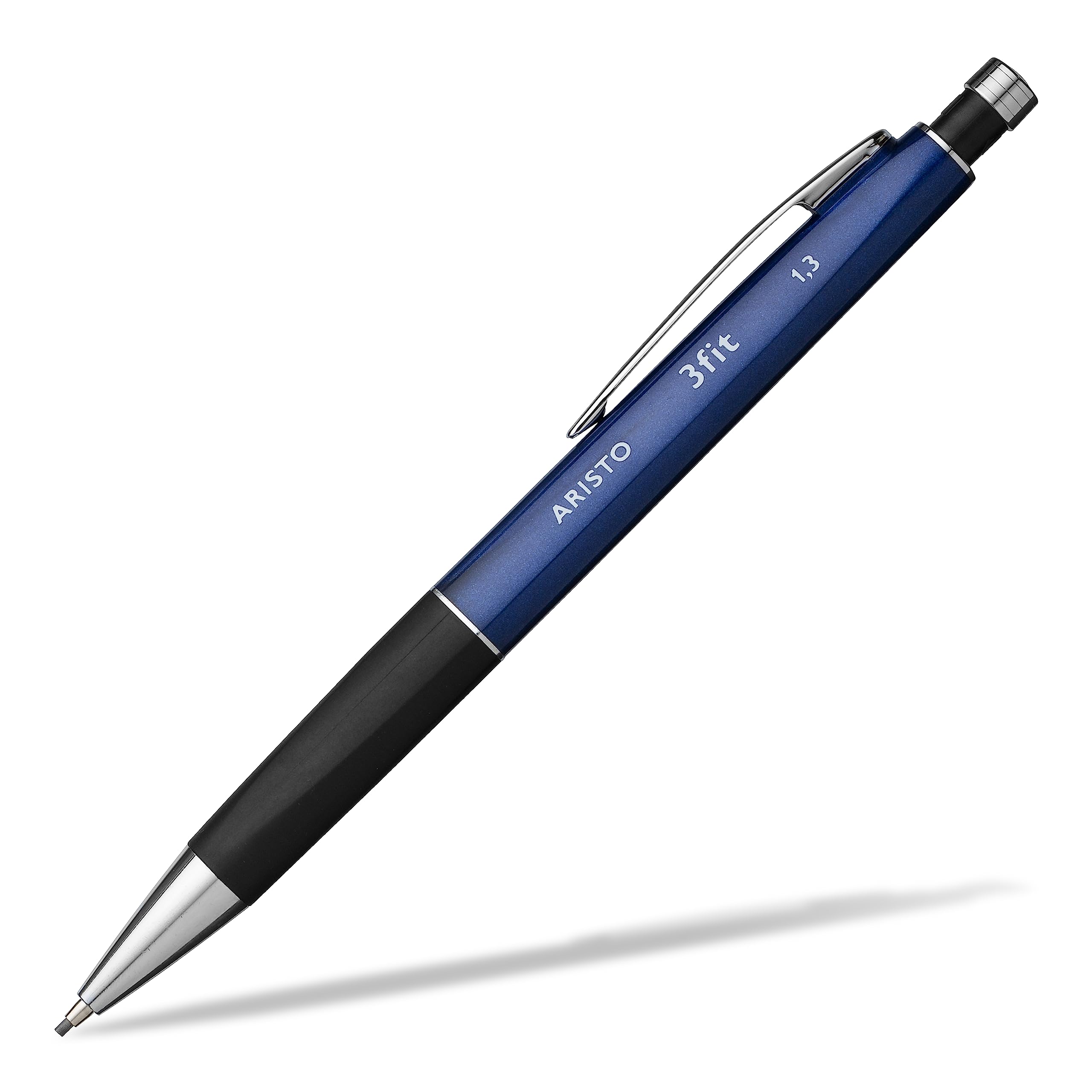 Aristo AR85313 Druckbleistift 3fit 1,30 mm (Ergonomischer Dreikant-Griff, voll versenkbare Metallspitze, Härtegrad Mine HB, integrierter Maxi Radiergummi) metallicblau/schwarz, 10 Stück