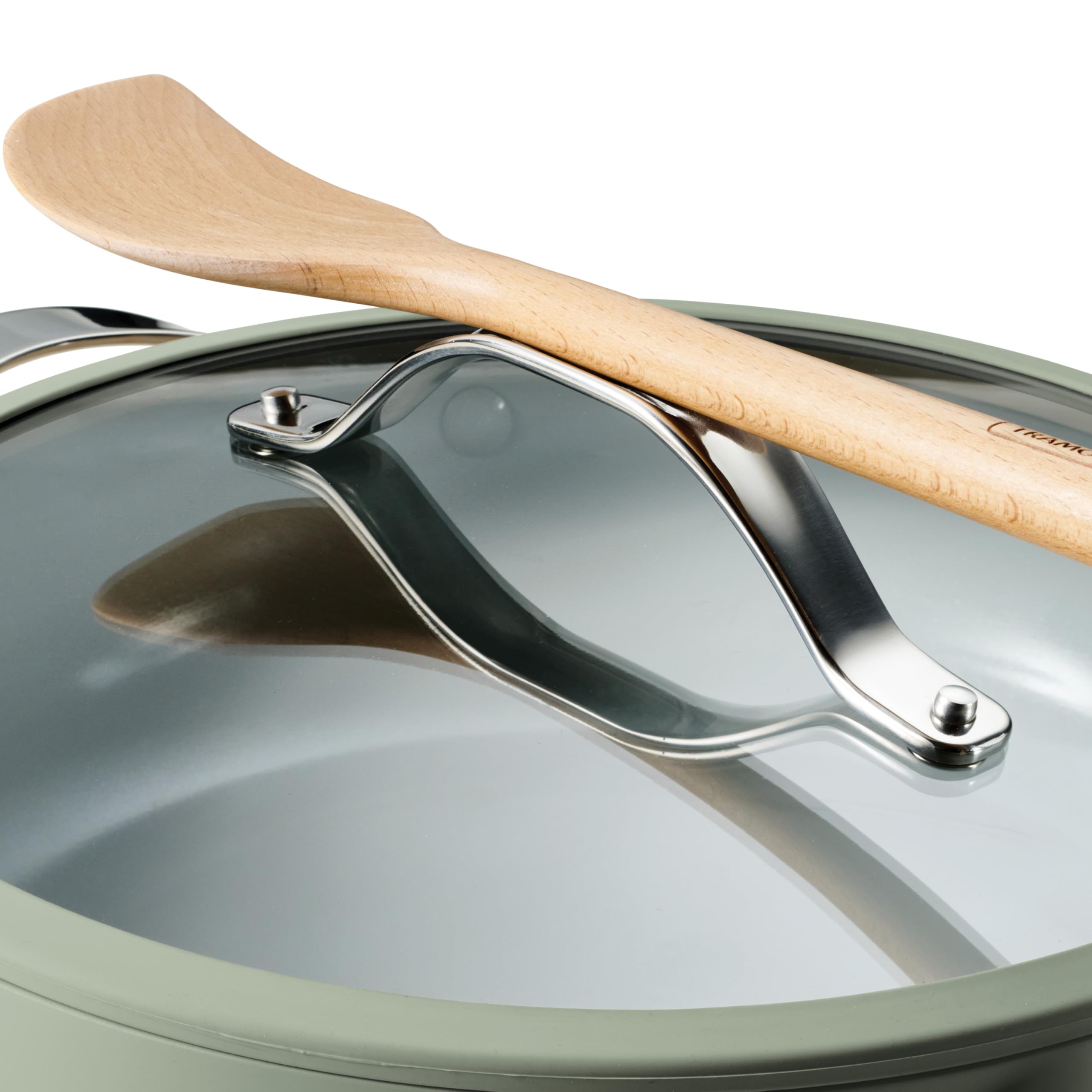 Tramontina Vue All-in-One Plus Pfannenset, 5 Quart Keramik Antihaft-Kochpfanne mit Glasdeckel, Dampfgareinsatz, Buchenholz-Utensilien, Spritzschutz, Topflappen, Grün