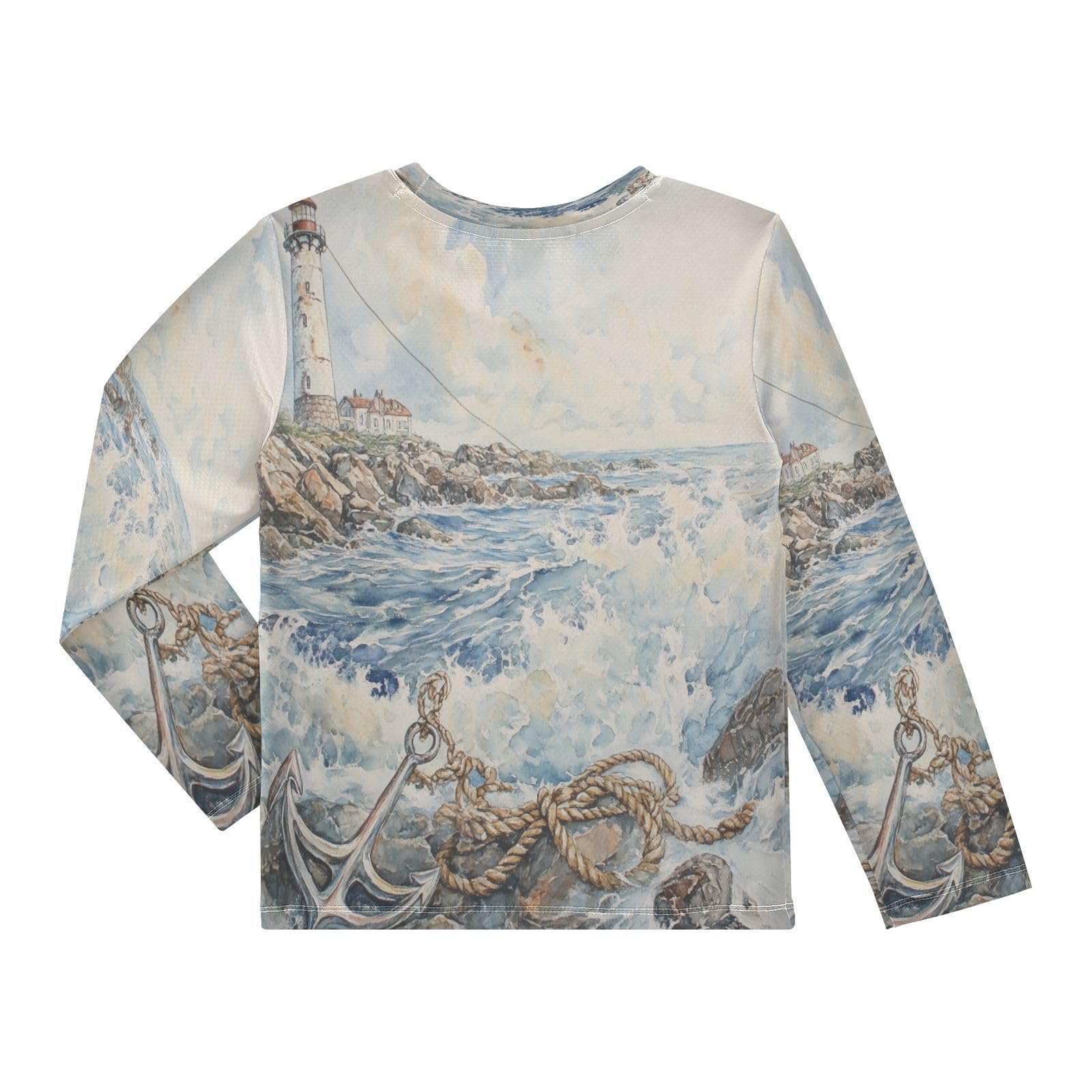 DOMIKING Lighthouse Anchor White Boys Long Sleeve Rashguard Shirt Kids Quick Dry Swim Shirt for Kids Toddler 11-12T