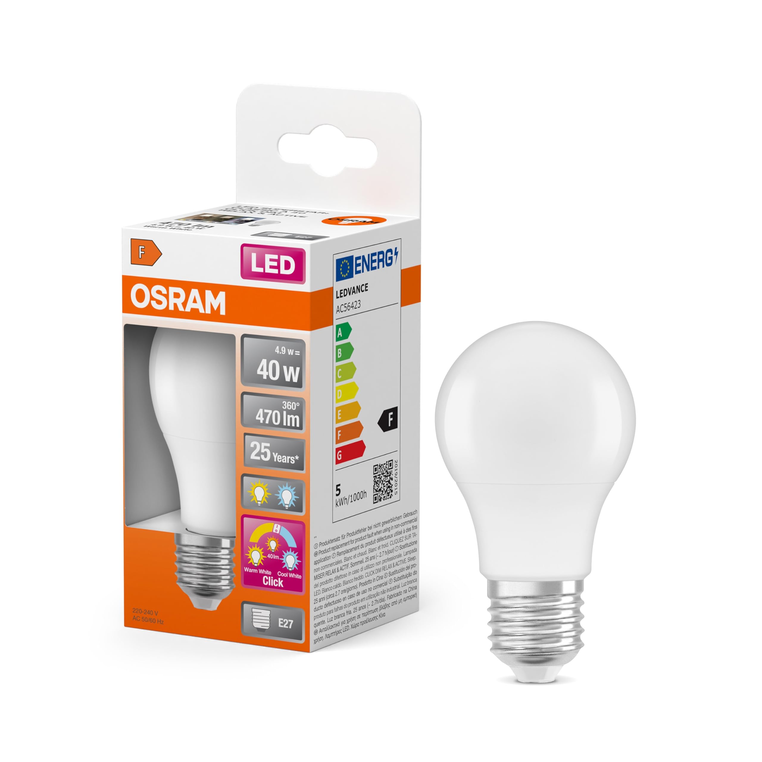 Osram LED Superstar+ Classic A Frosted 40 Non-dim 4.9W/827 E27