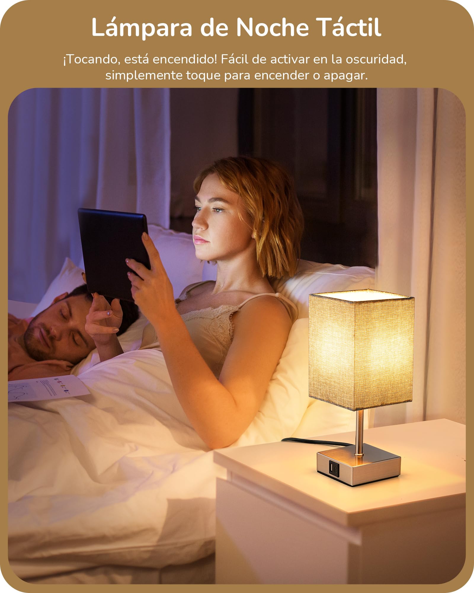 EDISHINE Lámpara de Noche LED Regulable Táctil 2 Lámparas de Mesa Modernas Lámpara 2 USB Puertos de Carga para Dormitorio Salón Alféizar Regalo Pantalla Gris